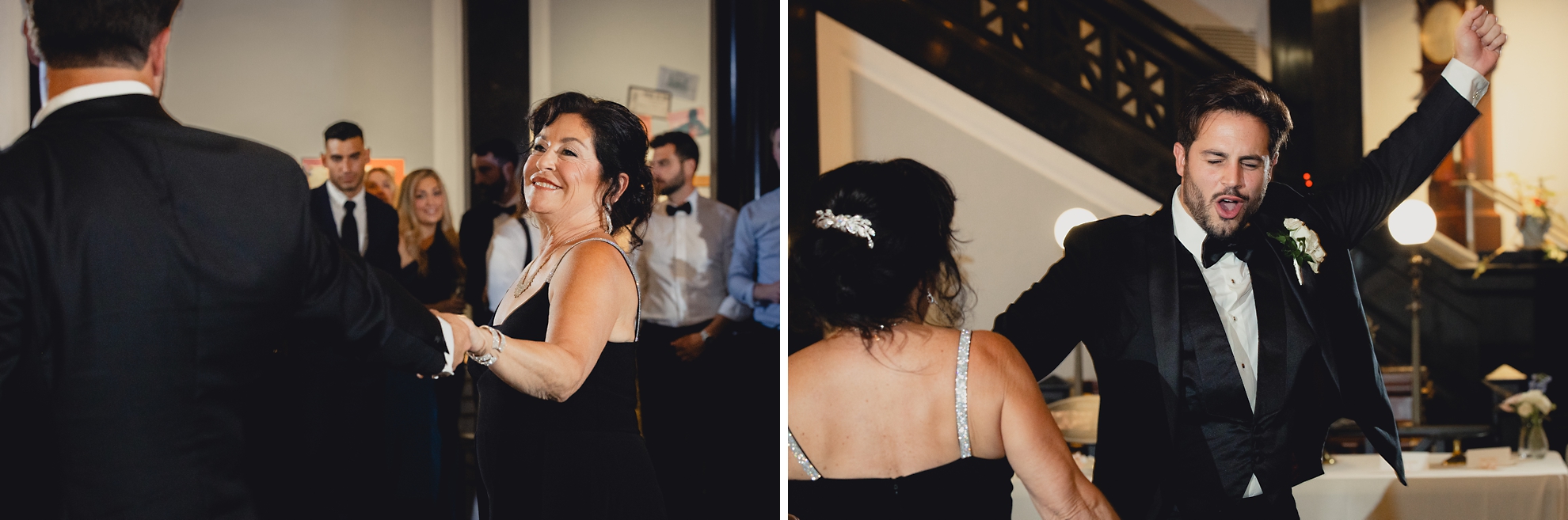 groom dances with mom during wedding reception at the Buffalo History Museum