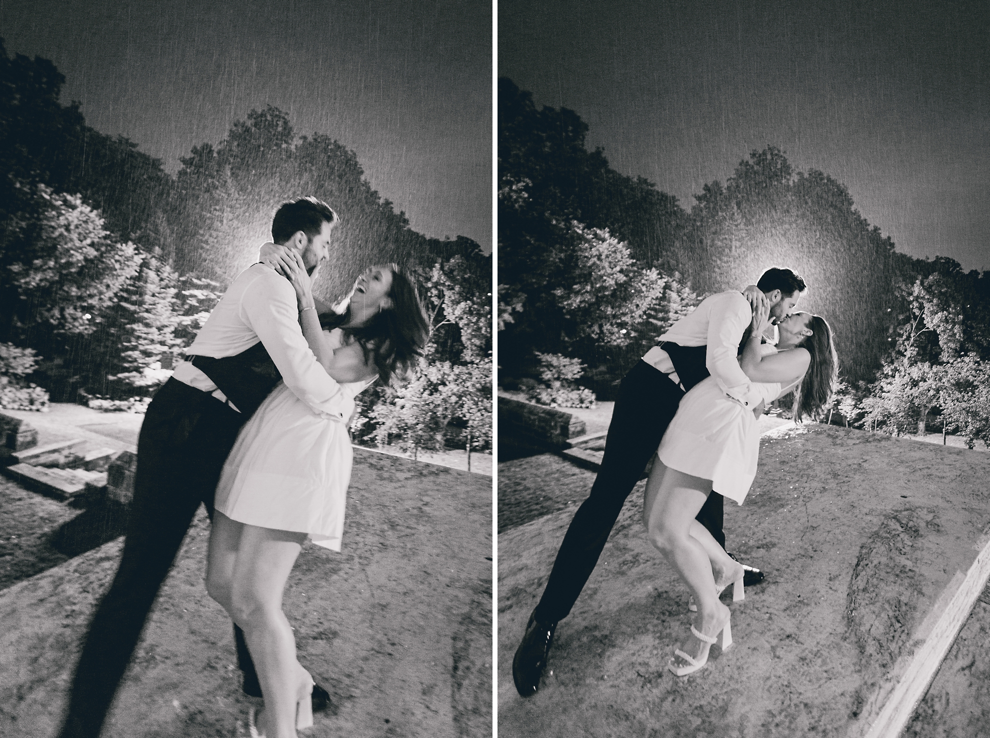 bride dips groom in rain on portico during wedding reception at the Buffalo History Museum