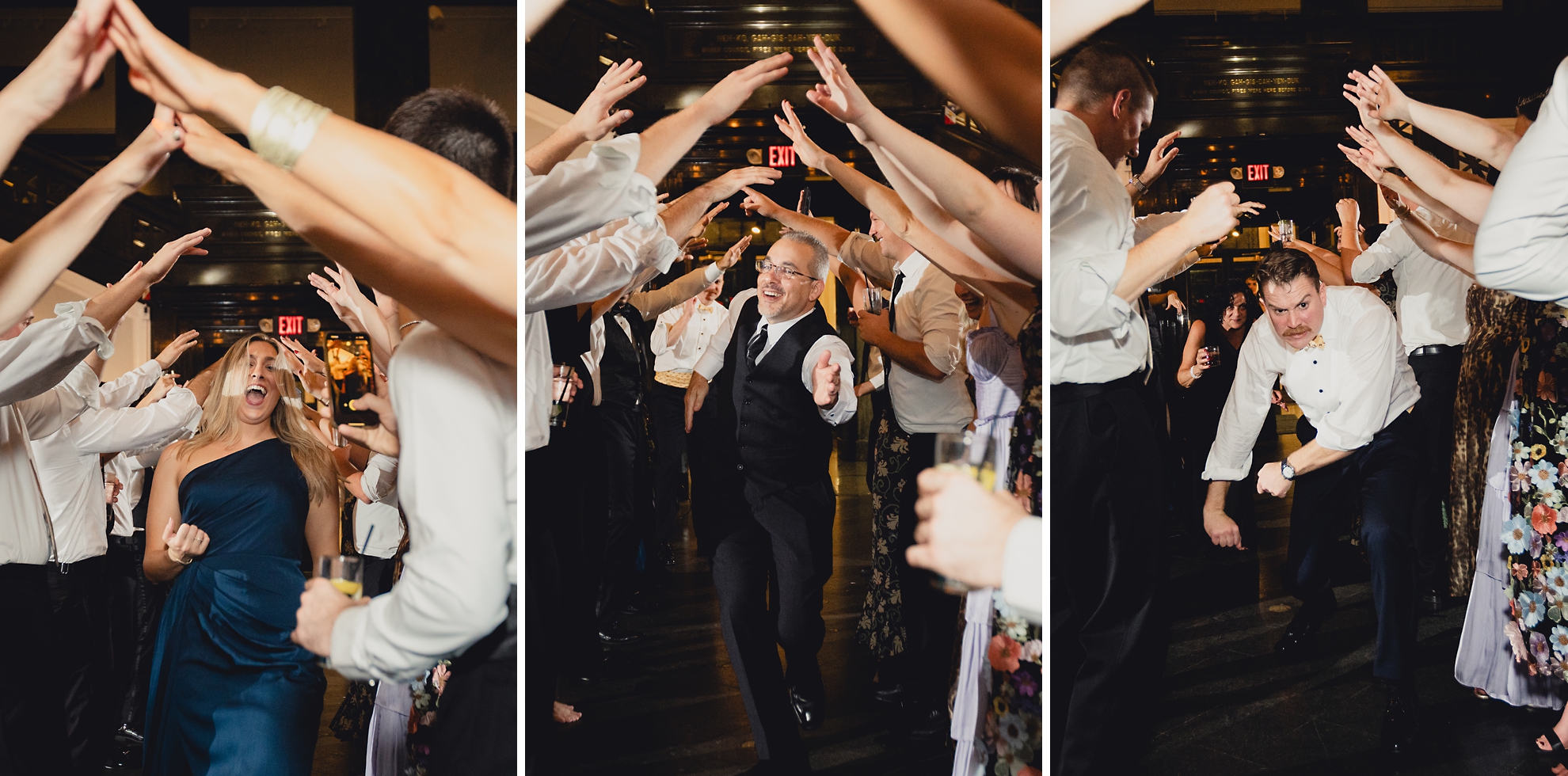 guests dance under outstretched arms during wedding reception at the Buffalo History Museum