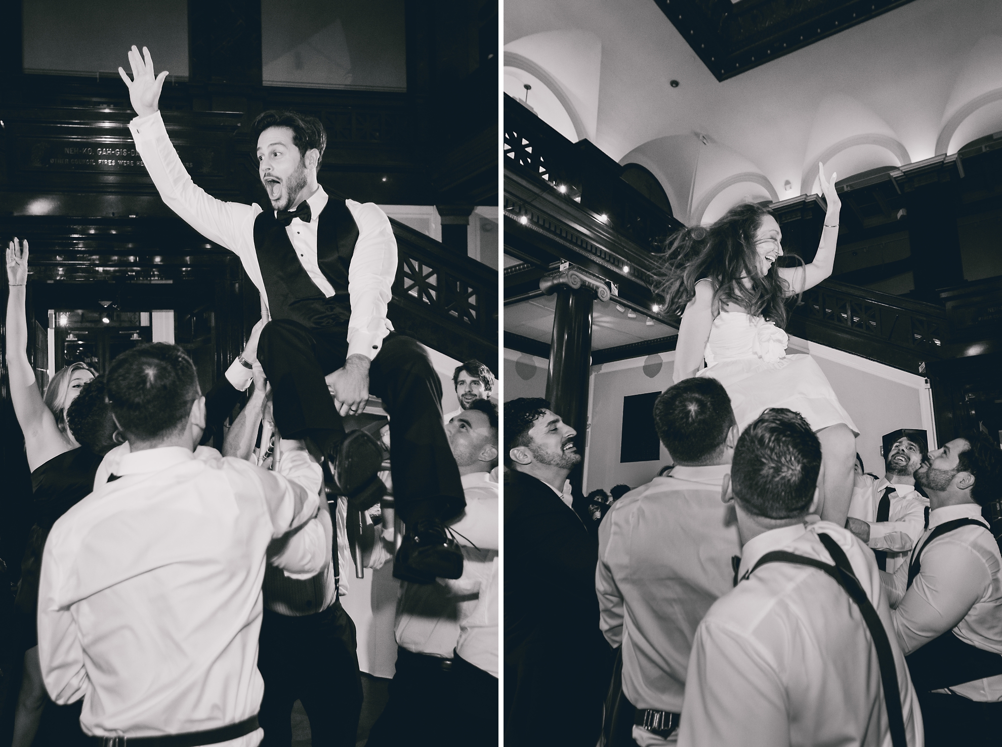 bride and groom seen on chairs held up by guests during hava nagila during wedding reception at the Buffalo History Museum