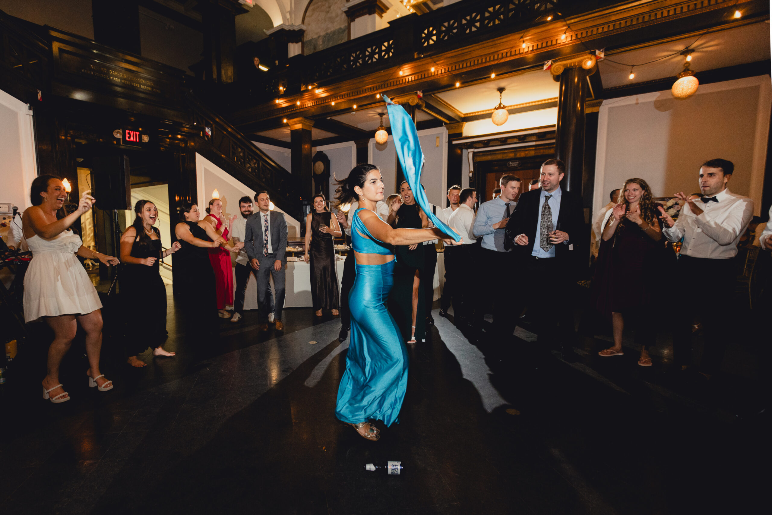 guest dances during wedding reception at the Buffalo History Museum