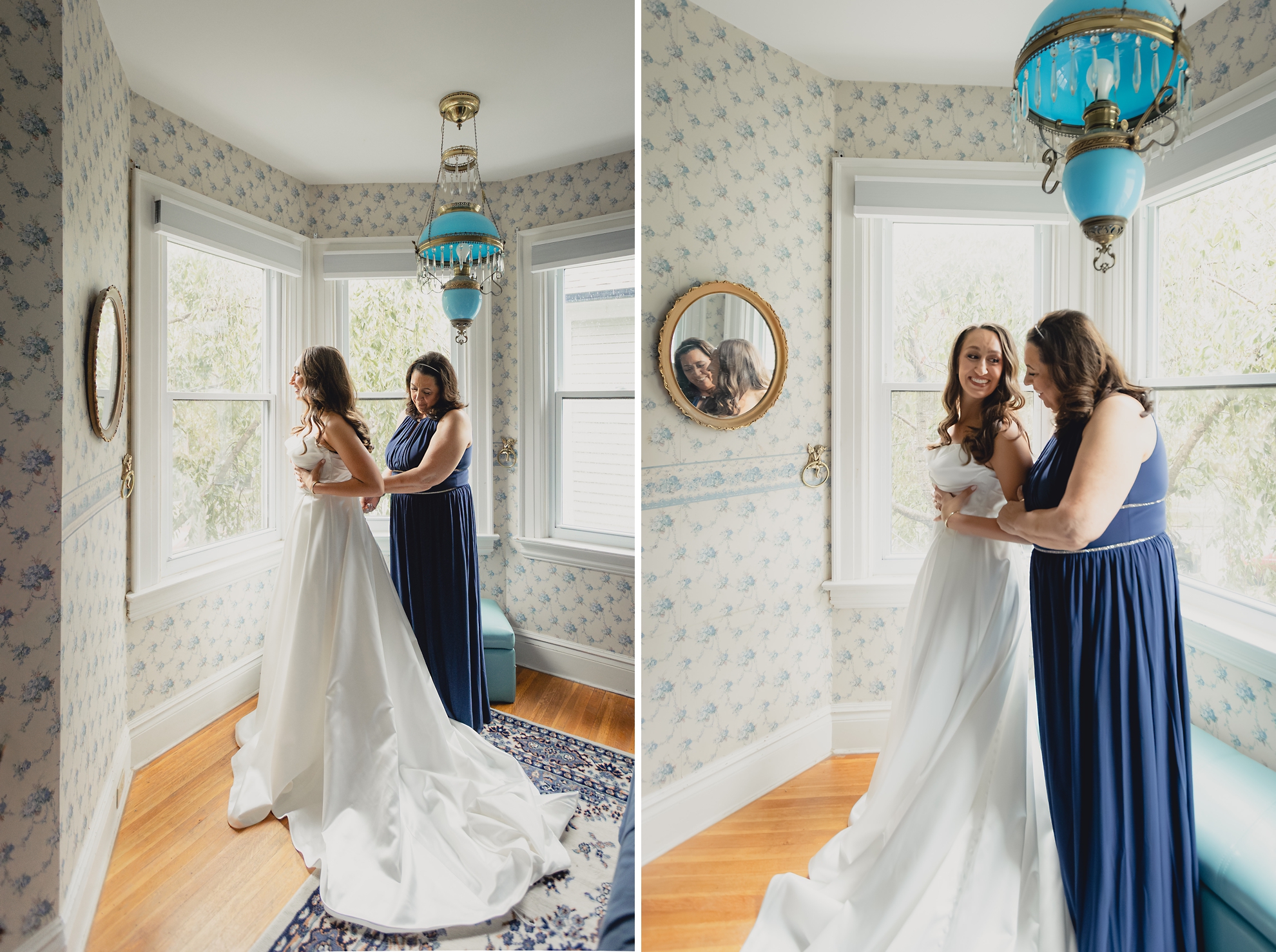 mother helps bride button dress in childhood bedroom before wedding in Buffalo, NY