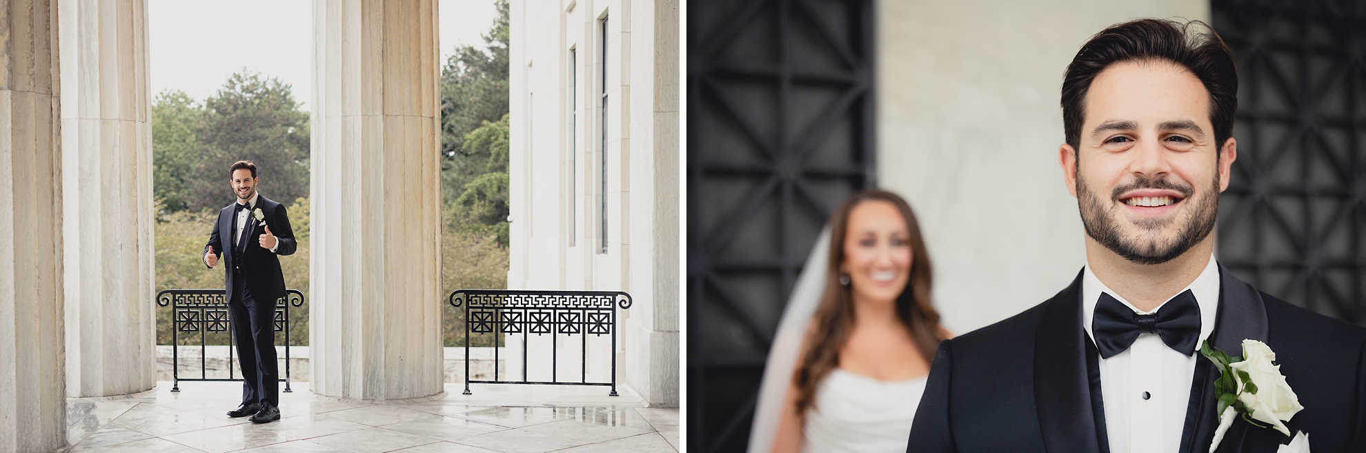 bride and groom get ready for first look on Portico of the Buffalo History Museum on wedding day