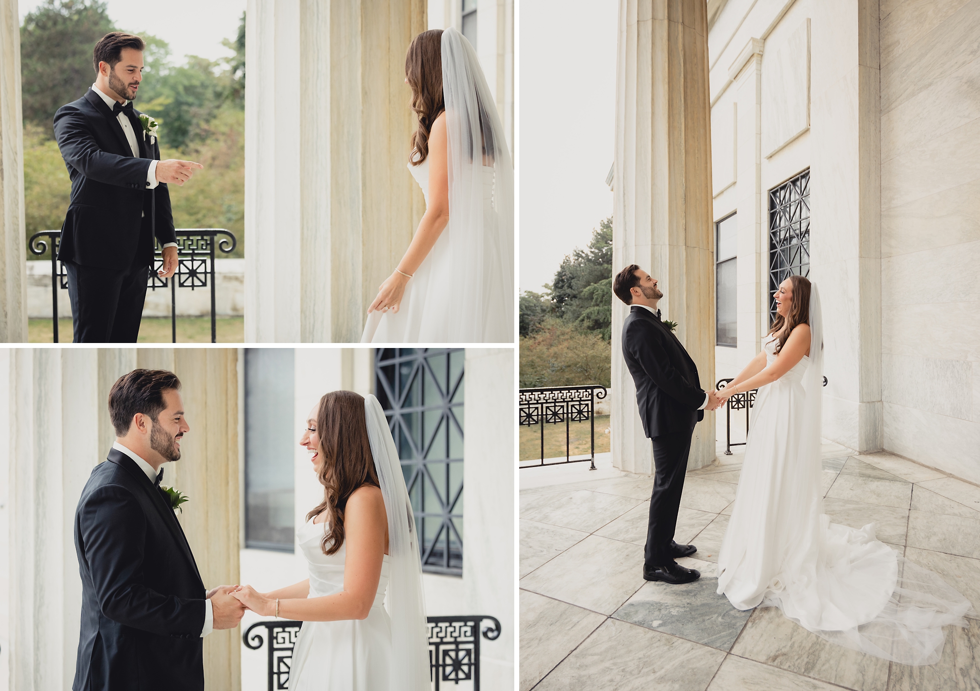 bride and groom share first look on Portico of the Buffalo History Museum on wedding day