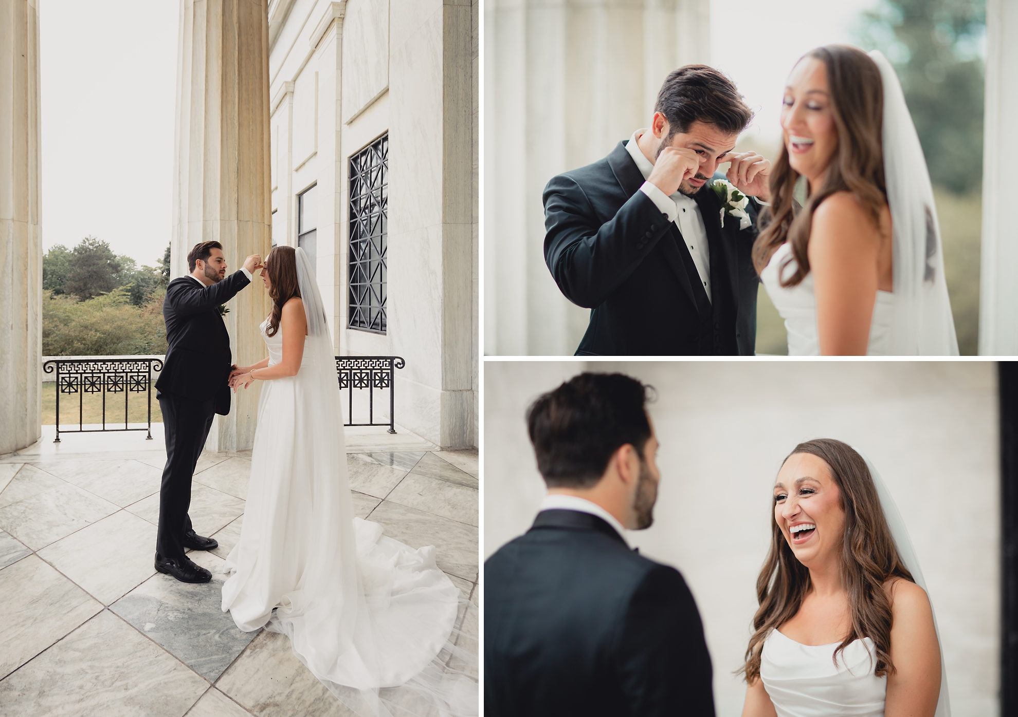 bride and groom wipe tears during first look on Portico of the Buffalo History Museum on wedding day