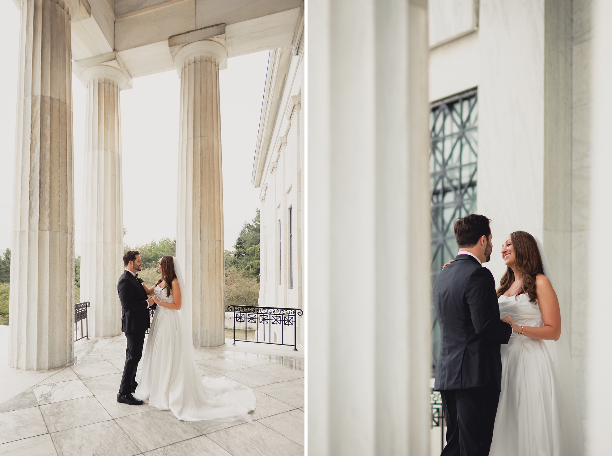 bride and groom pose for portraits on portico of the Buffalo History Museum on wedding day