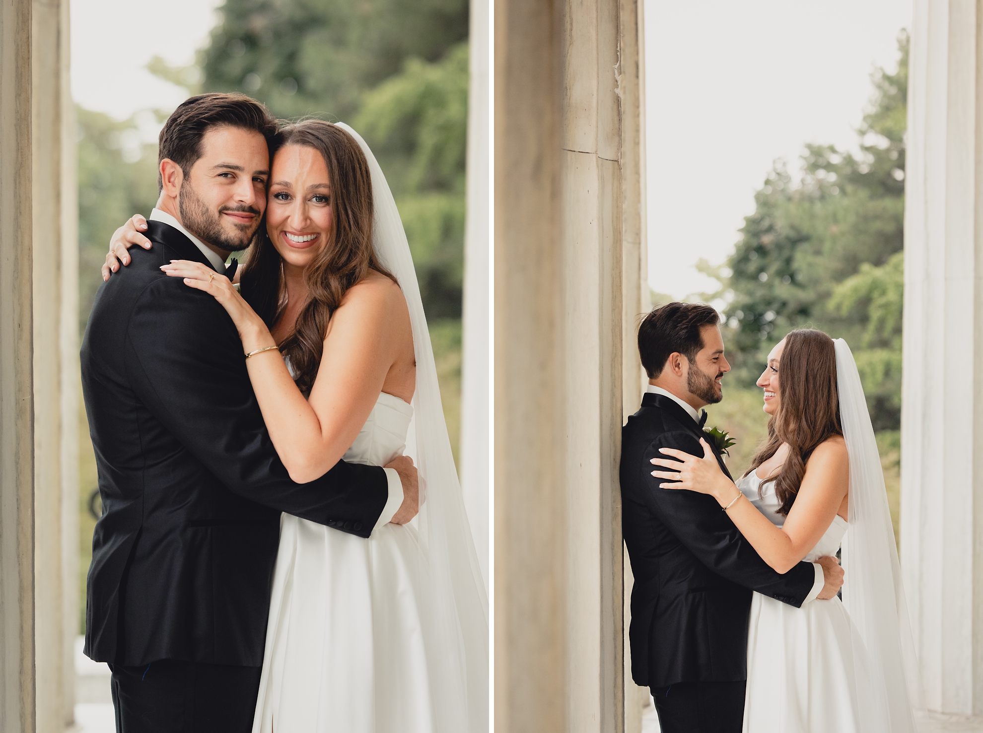 bride and groom pose for portraits on portico of the Buffalo History Museum on wedding day
