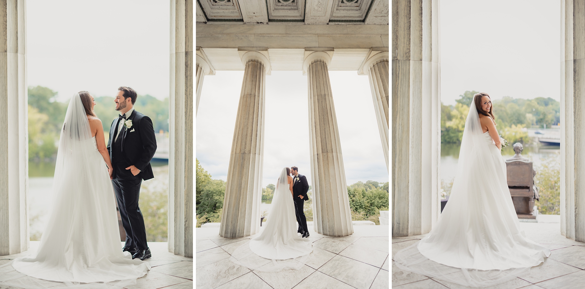 bride and groom pose for portraits on potico of the Buffalo History Museum on wedding day
