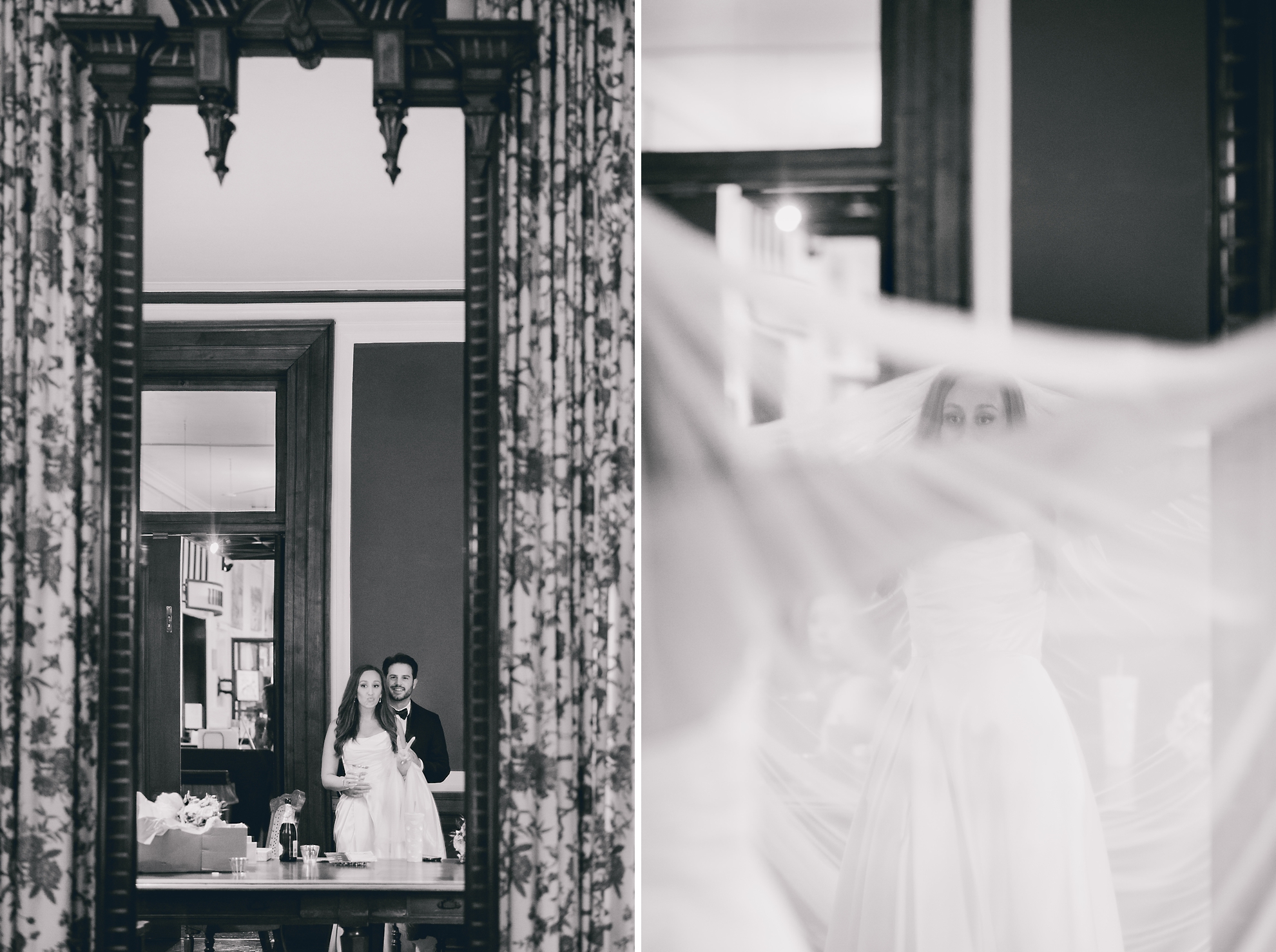 bride and groom give peace sign in mirror before wedding ceremony in the Portico Gallery of the Buffalo History Museum