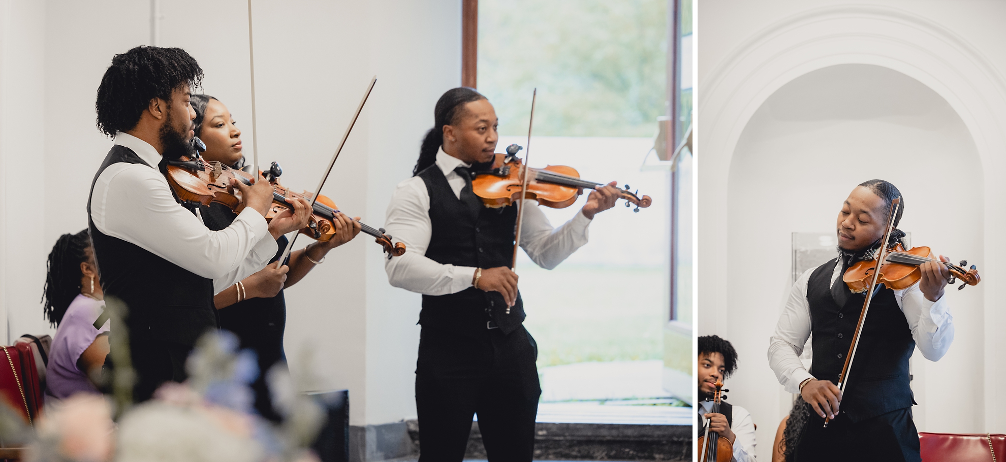 vibrant strings perform during wedding ceremony in the Portico Gallery of the Buffalo History Museum
