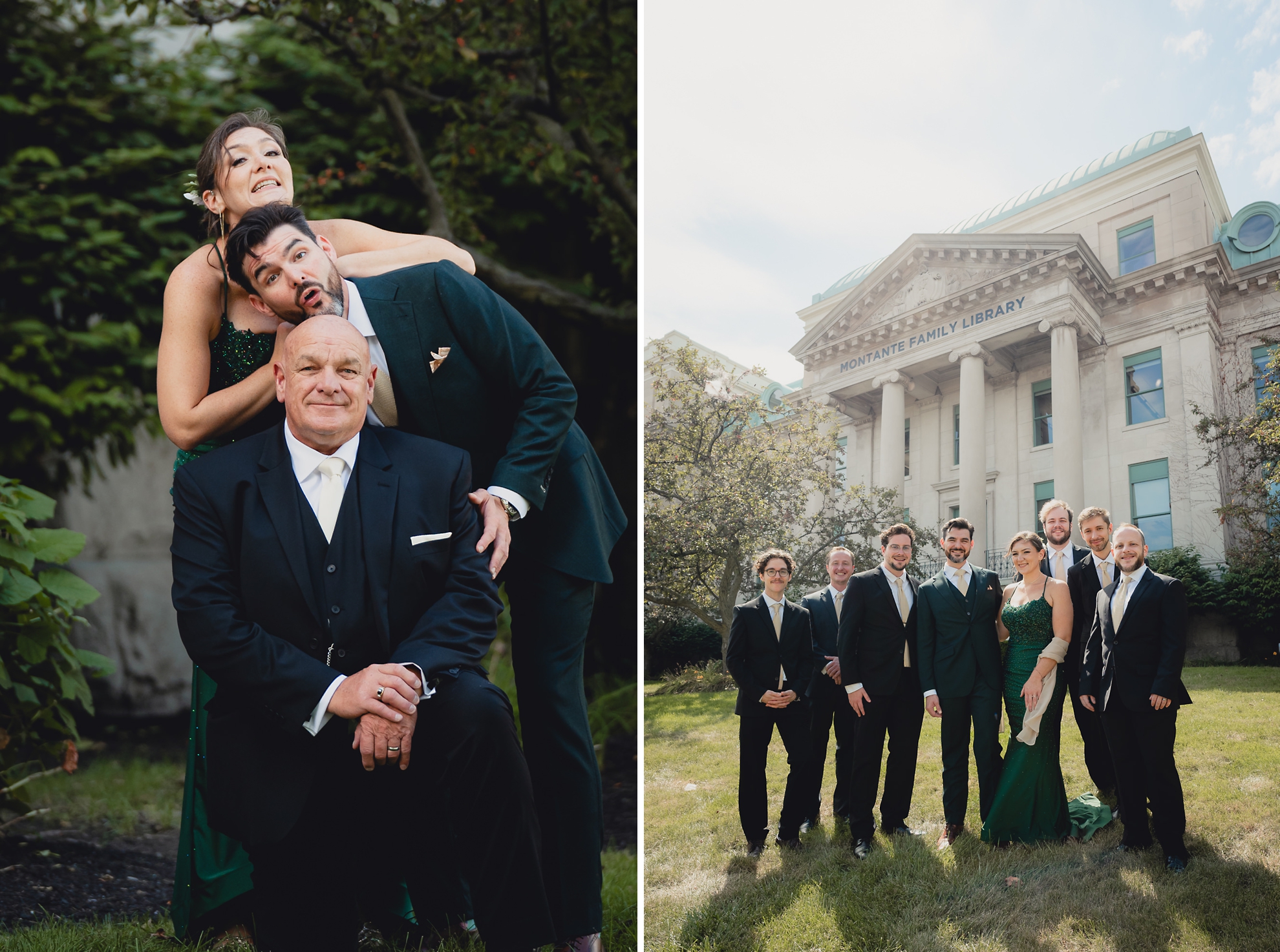 groomspeople pose for portraits in front of Montante Family Library