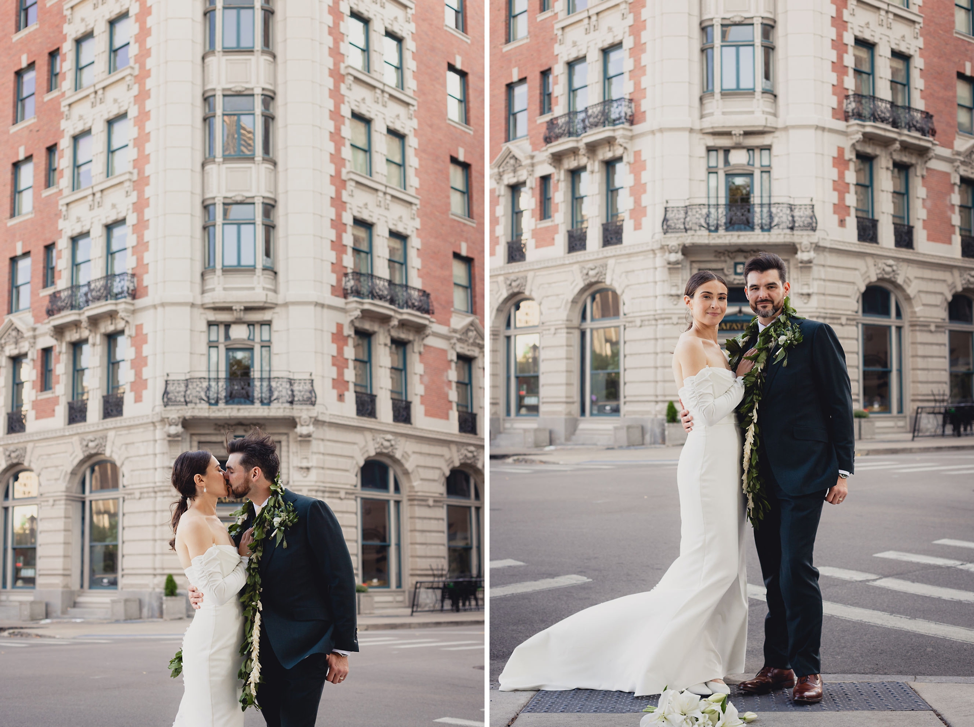 bride and groom pose for portrait in downtown Buffalo, NY after wedding ceremony with Hotel Lafayette in the background