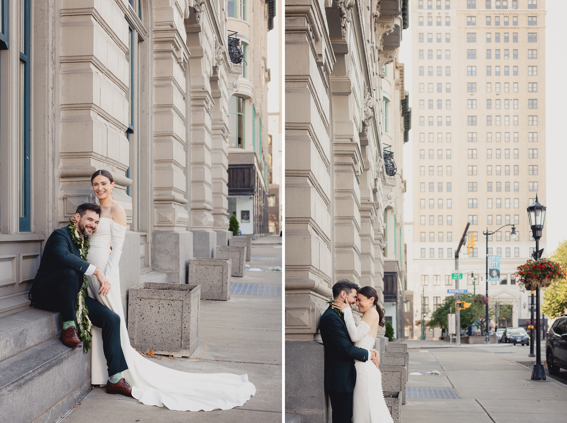 bride and groom pose for portrait in downtown Buffalo, NY after wedding ceremony
