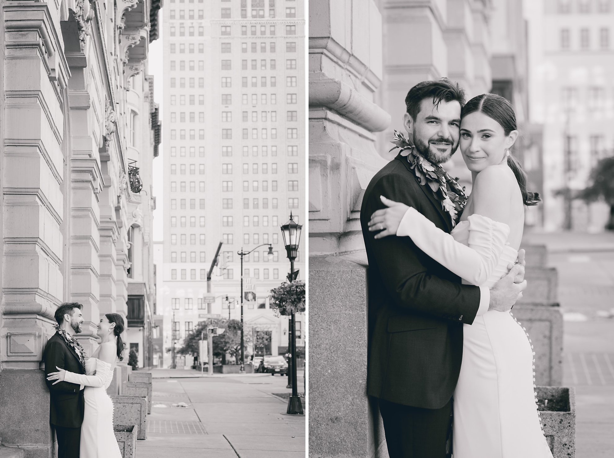 bride and groom pose for portrait in downtown Buffalo, NY after wedding ceremony