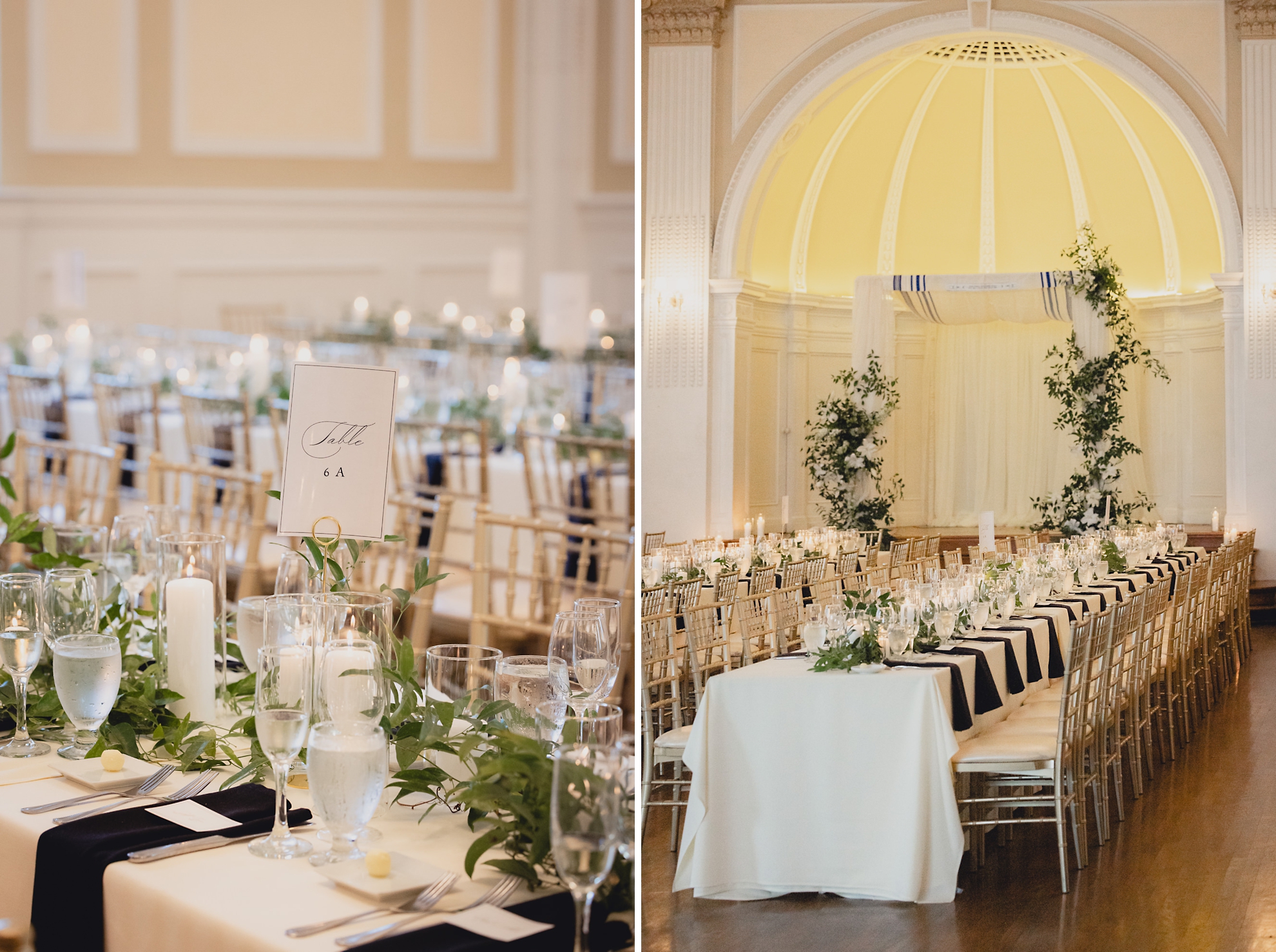 tablescapes during wedding reception in the Golden Ballroom at the Hotel Lafayette in Buffalo, NY