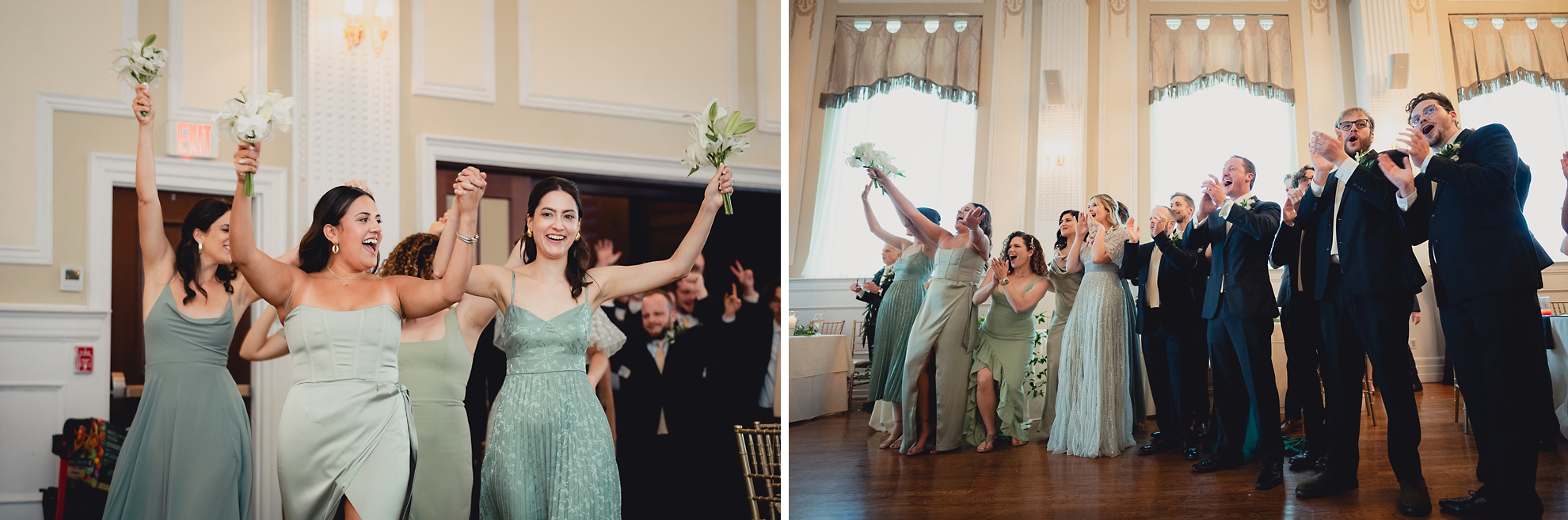 wedding party cheers during introductions during wedding reception at the Hotel Lafayette in Buffalo, NY