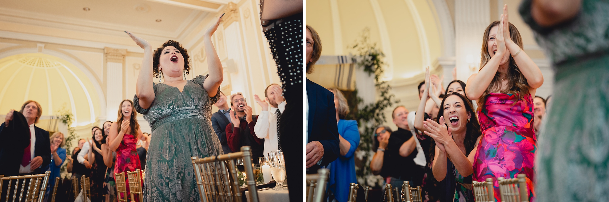 guests cheer as bride and groom enter during wedding reception at the Hotel Lafayette in Buffalo, NY