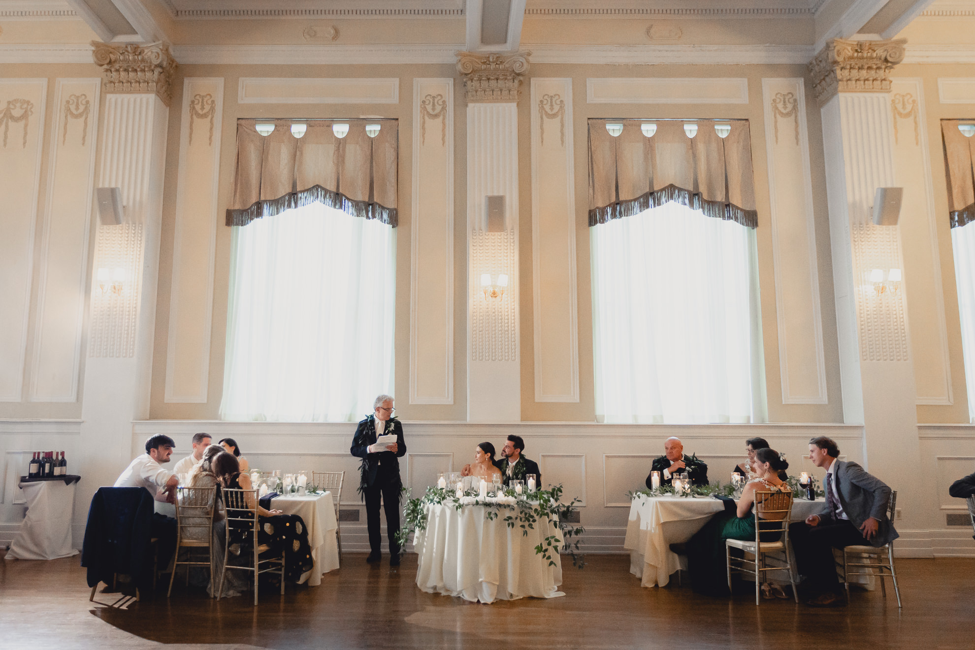 father of bride delivers speech during wedding reception at the Hotel Lafayette in Buffalo, NY