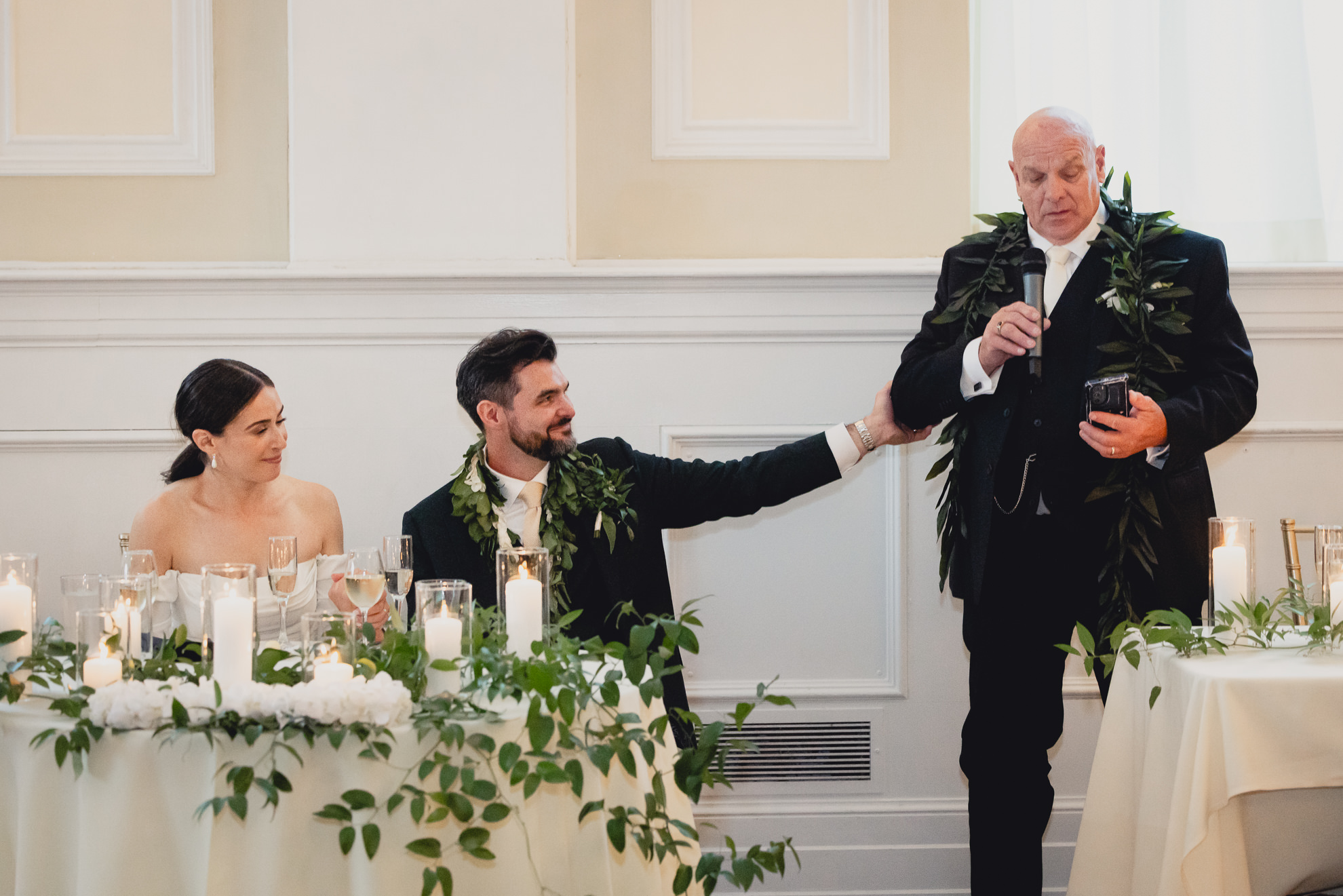father of groom delivers speech during wedding reception at the Hotel Lafayette in Buffalo, NY