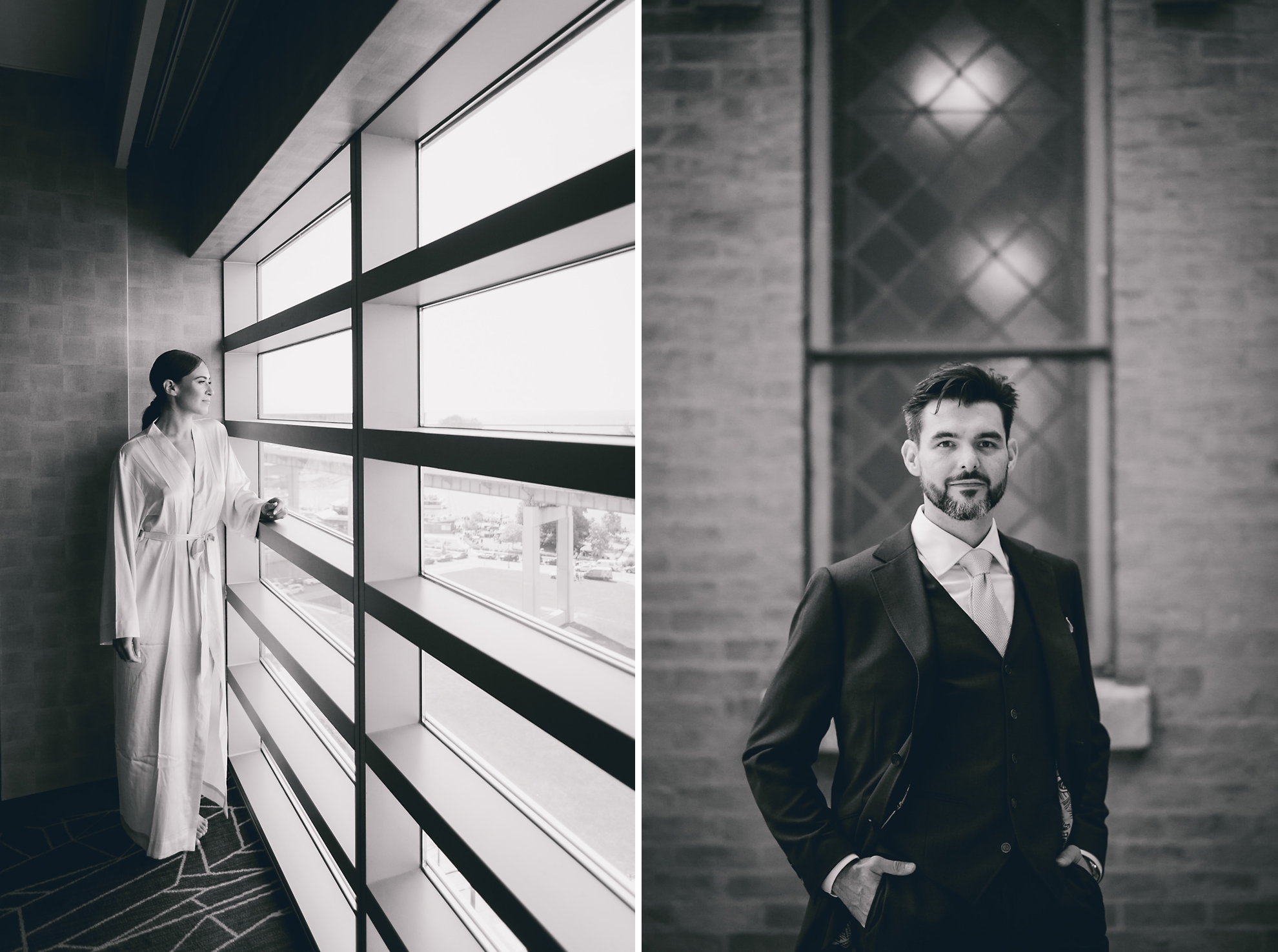 bride and groom pose for portraits  before wedding in Buffalo