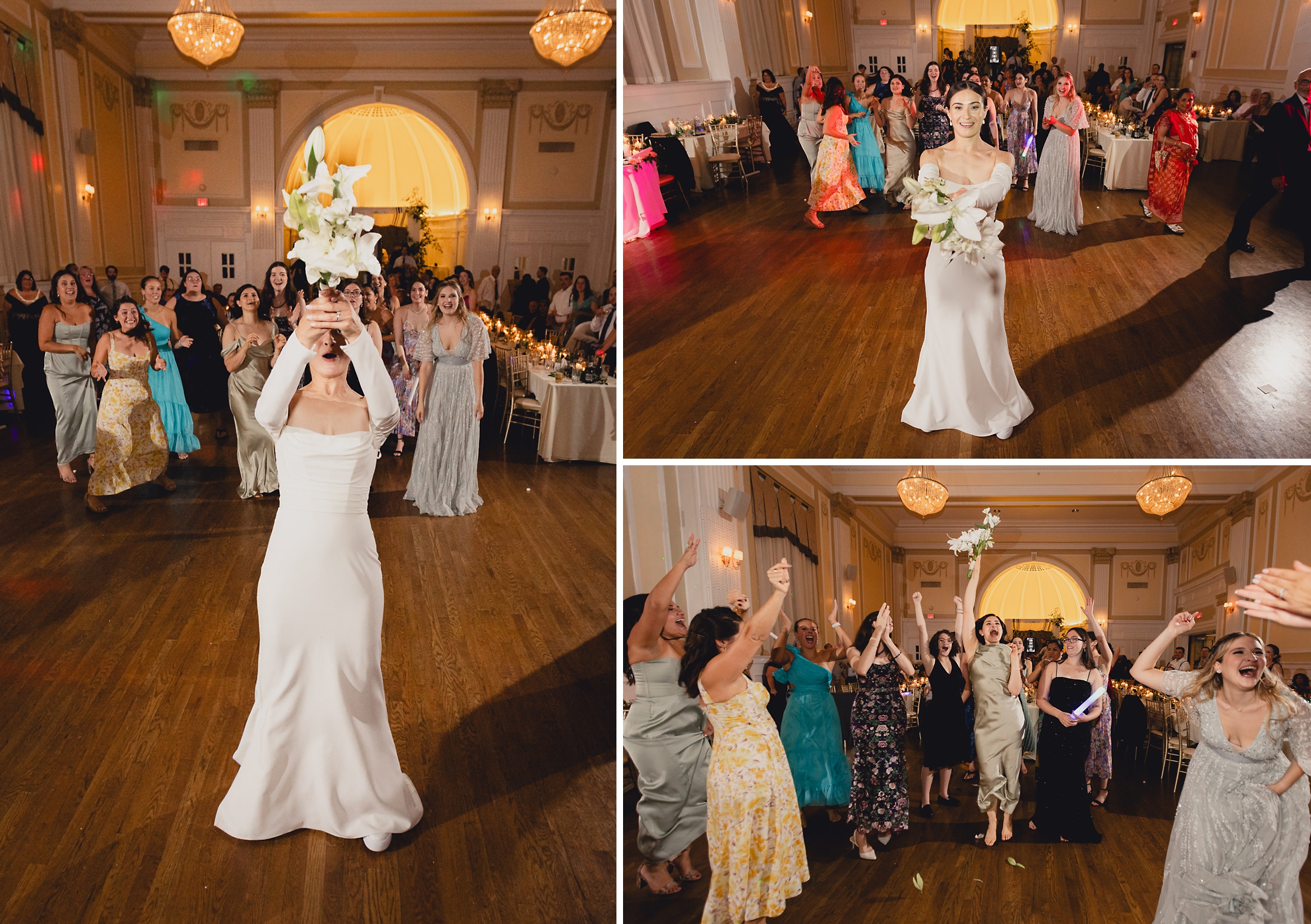 bride tosses bouquet during wedding reception at the Hotel Lafayette in Buffalo, NY