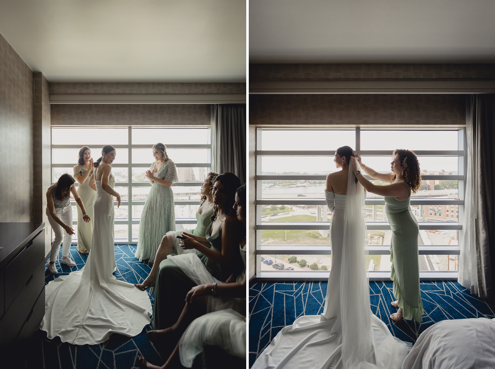bridesmaids assist bride getting ready at Marriott Lecom Harborcenter