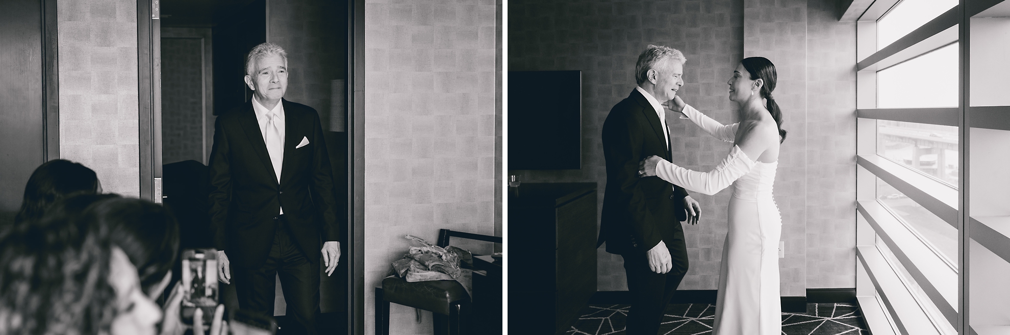 bride and dad cry after first look in hotel room at Marriott Lecom Harborcenter in Buffalo, NY