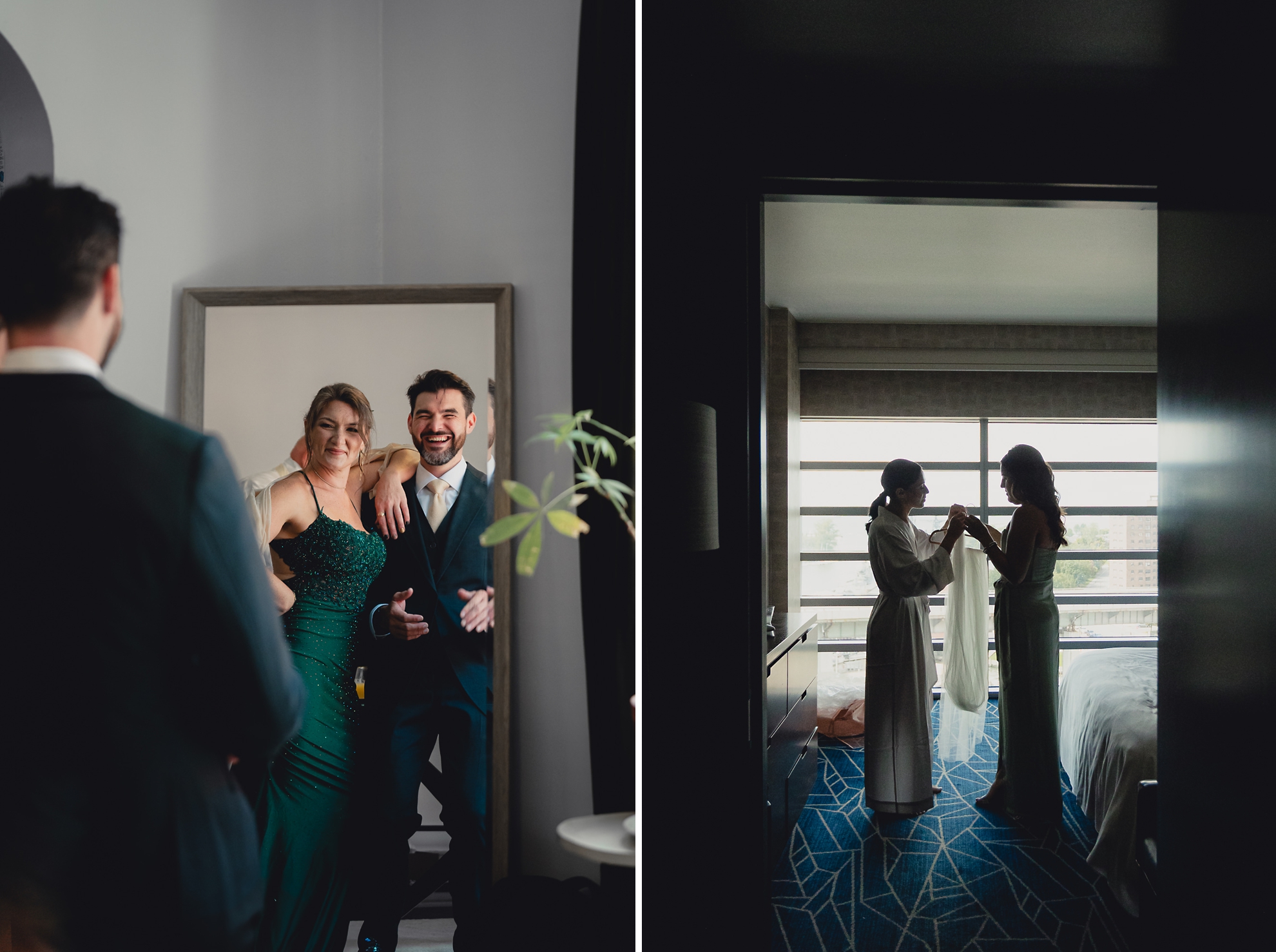 best woman and groom pose together in mirror