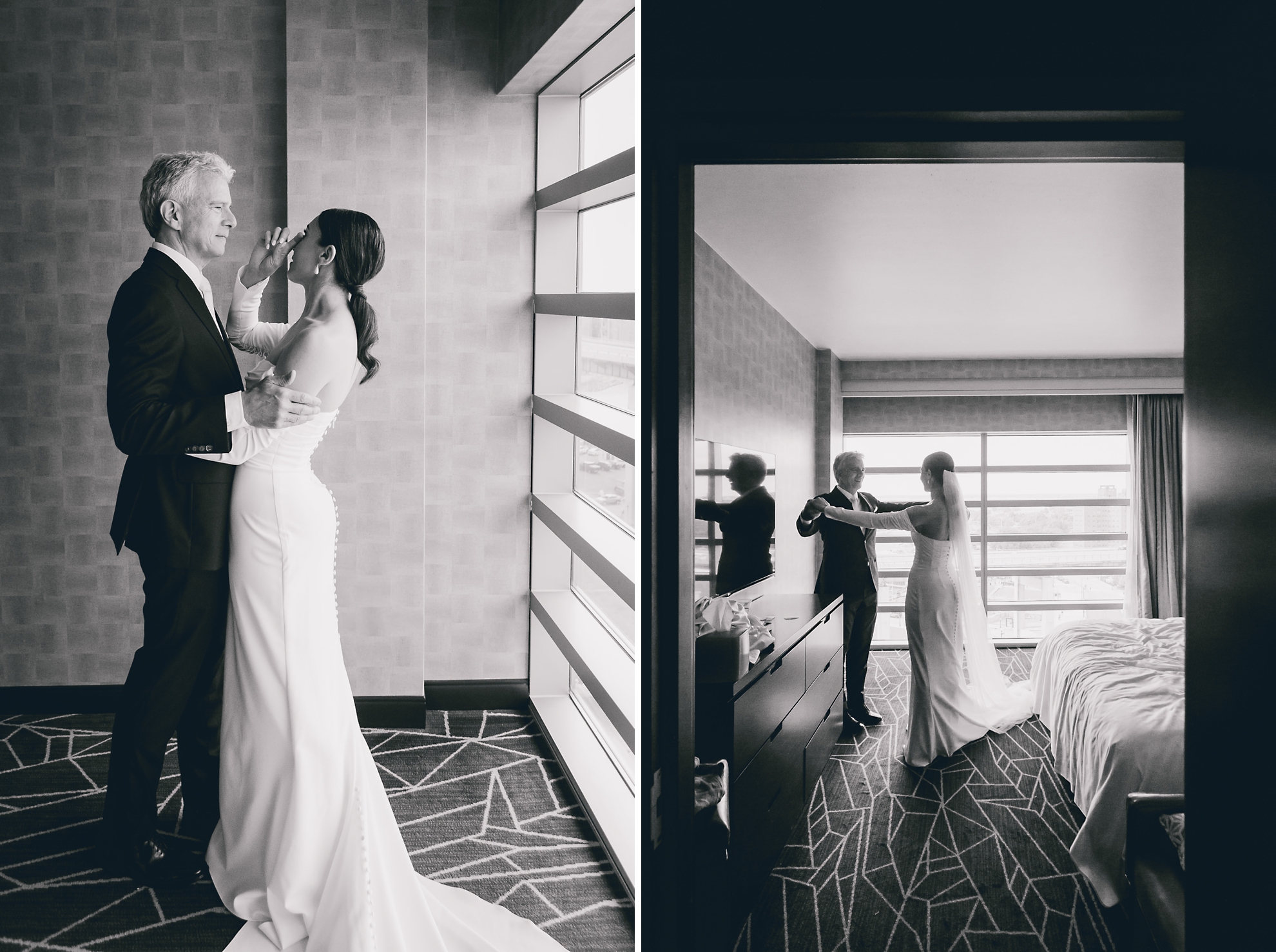bride and dad practice dance in hotel room at Marriott Lecom Harborcenter in Buffalo, NY