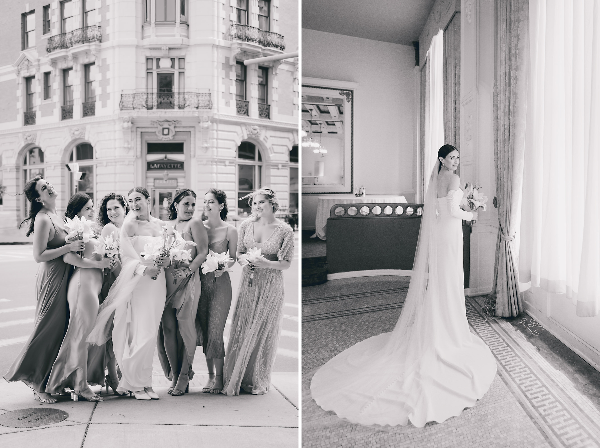 bridesmaids pose for portrait in Crystal Ballroom at the Hotel Lafayette in Buffalo, NY