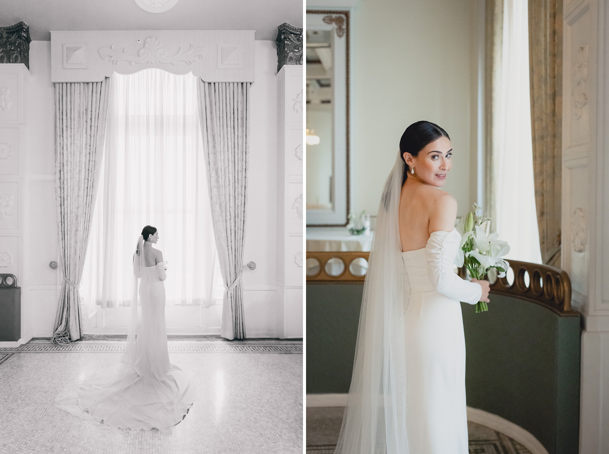 bride poses for portrait in Crystal ballroom in Buffalo, NY