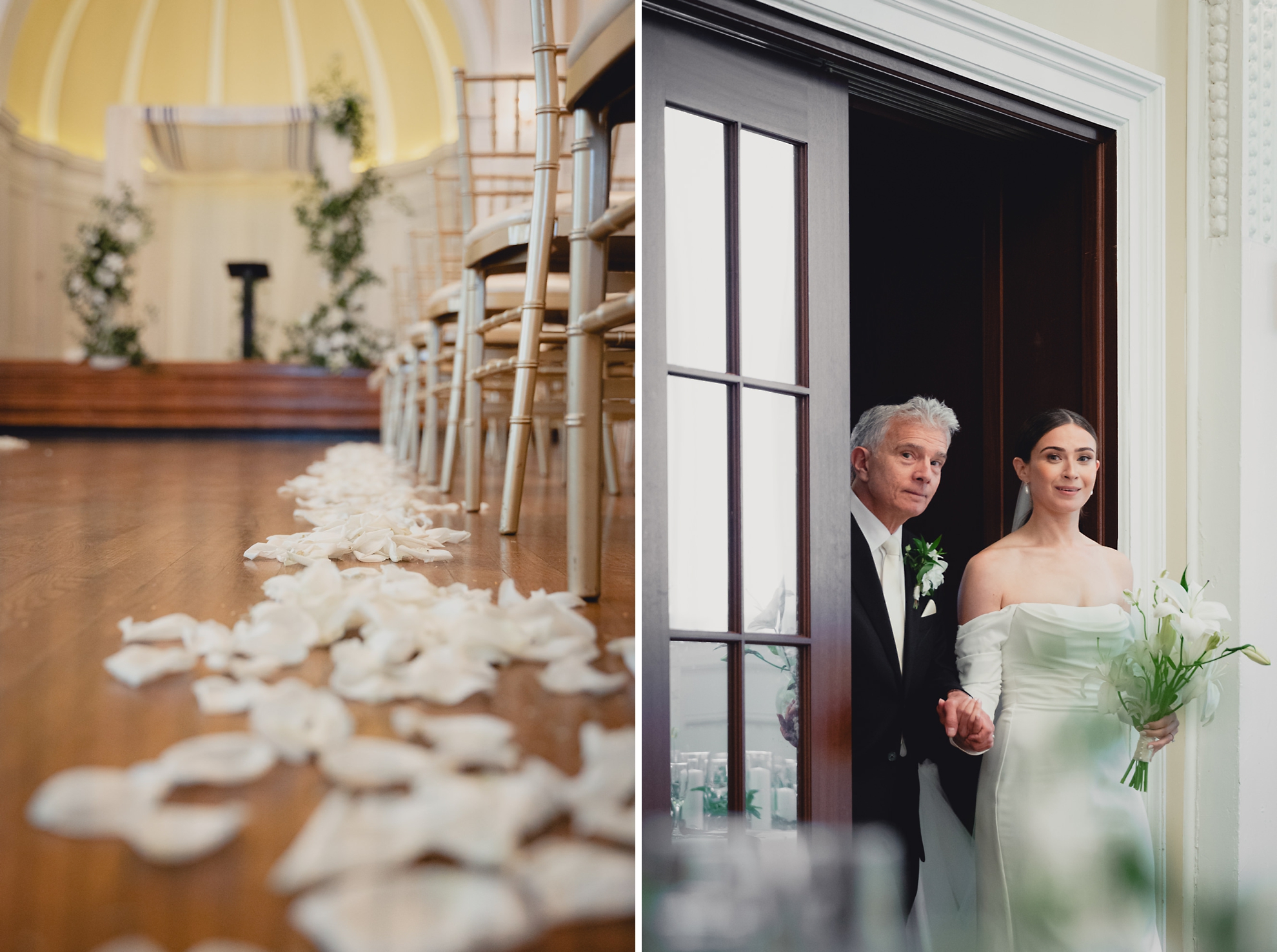 bride and father peek out of door before wedding ceremony in the Golden Ballroom of the Hotel Lafayette