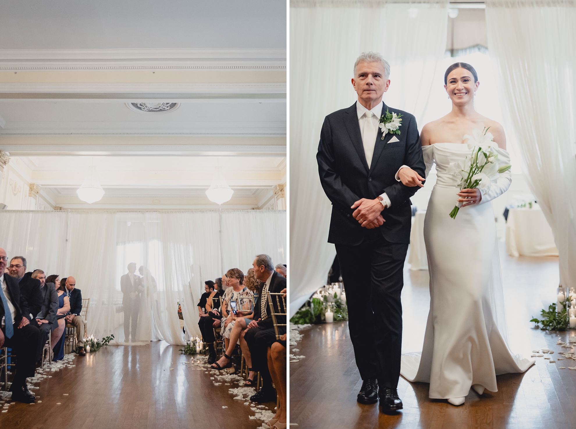 bride and father seen behind sheer curtain at end of aisle before wedding ceremony begins in the Golden Ballroom of the Hotel Lafayette