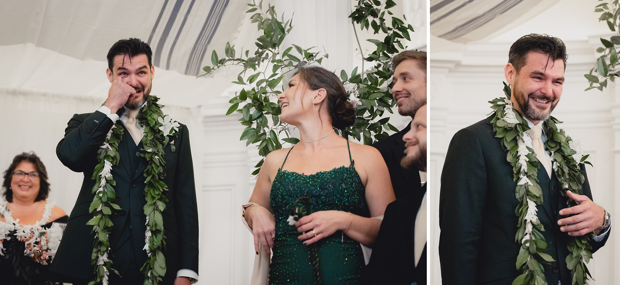 groom wipes tears as bride walks down aisle during wedding ceremony in the Golden Ballroom of the Hotel Lafayette
