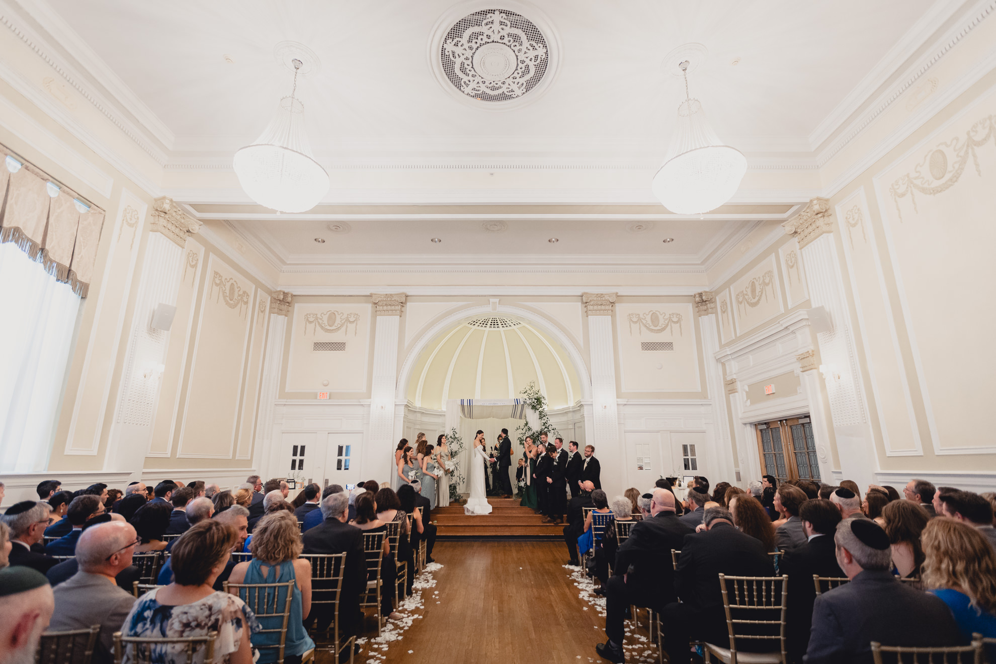 wide angle view of ceremony space during wedding in the Golden Ballroom of the Hotel Lafayette
