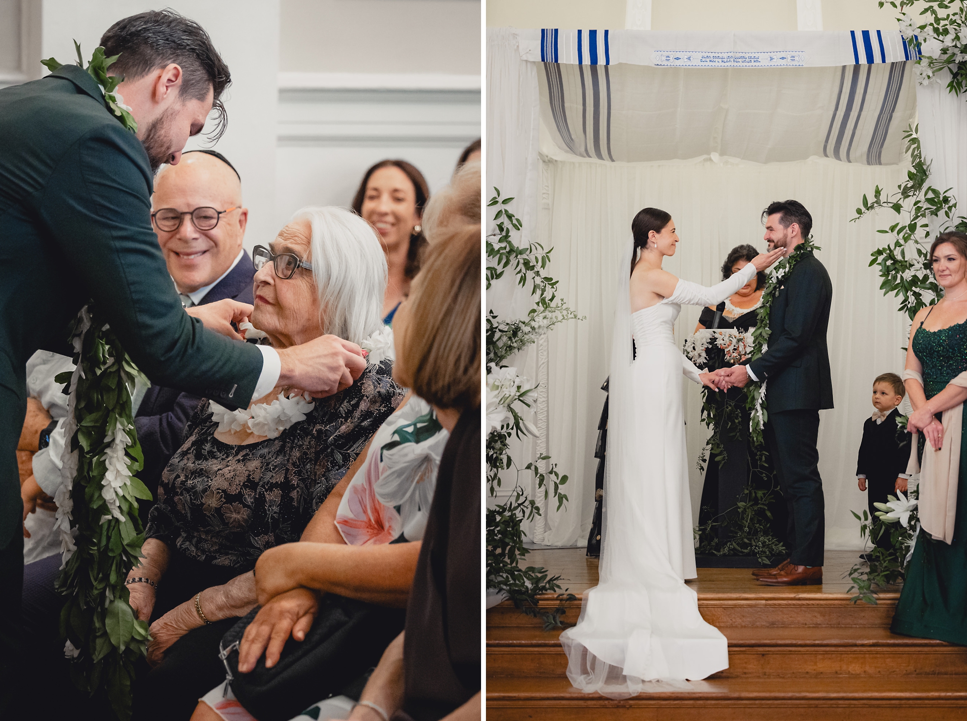 bride and groom place lais on each other and family members during wedding ceremony in the Golden Ballroom of the Hotel Lafayette