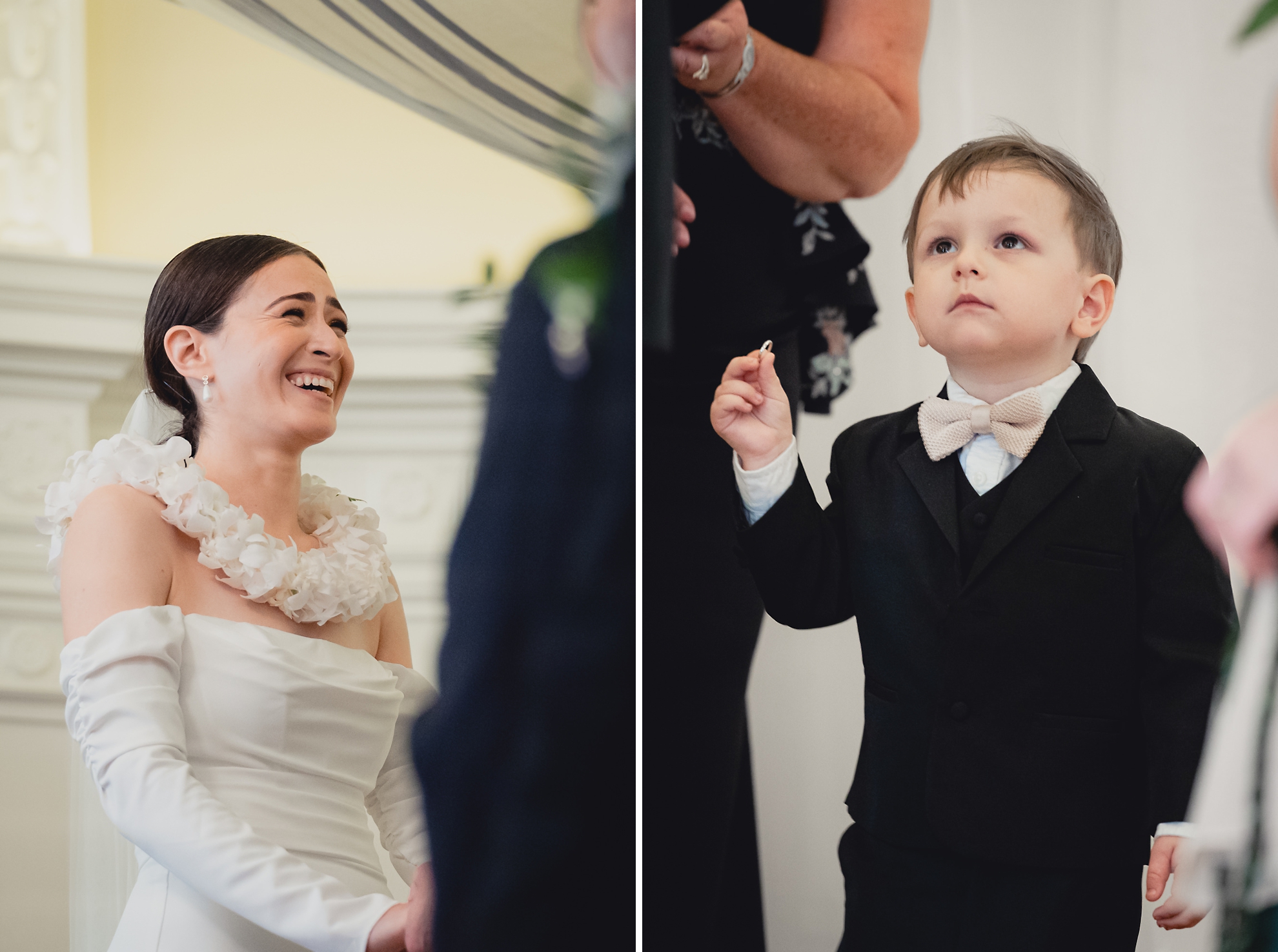 ring bearer holds up ring during wedding ceremony in the Golden Ballroom of the Hotel Lafayette