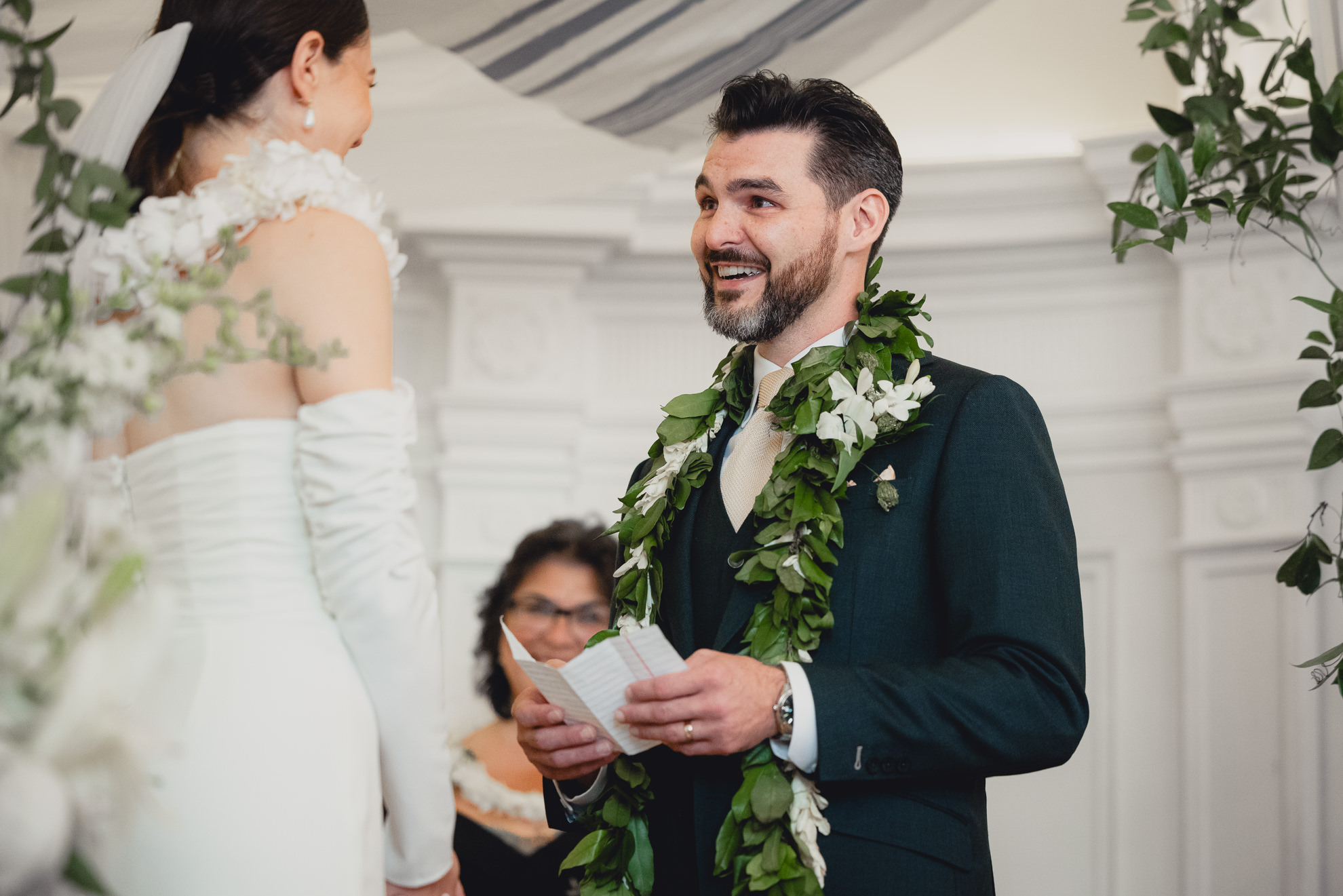 groom delivers vows during wedding ceremony in the Golden Ballroom of the Hotel Lafayette