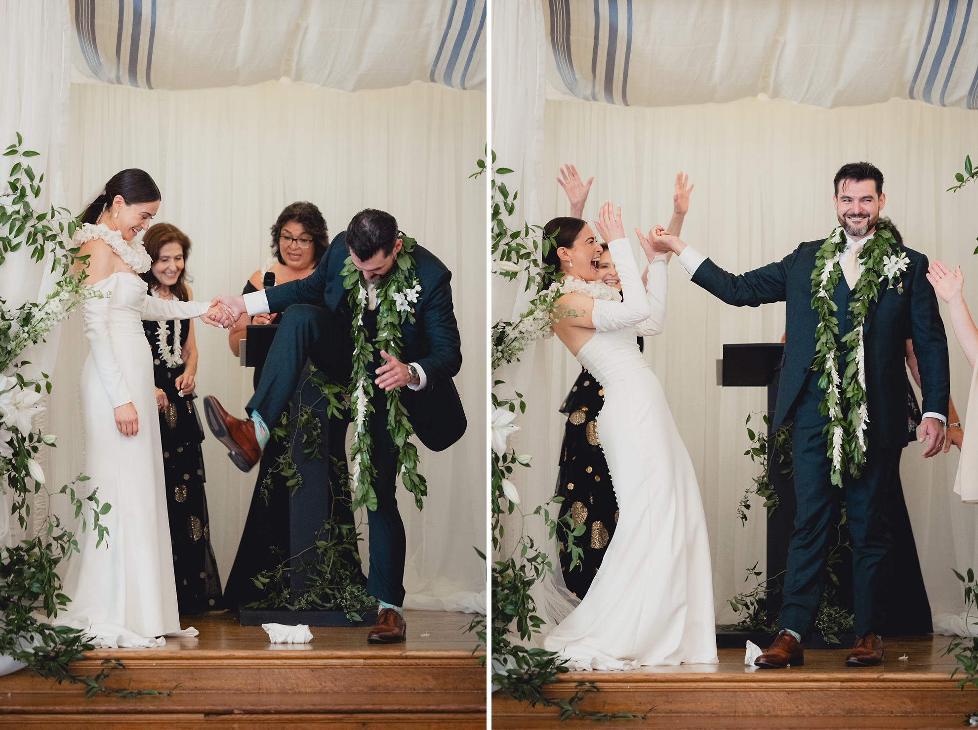 groom steps on glass during wedding ceremony in the Golden Ballroom of the Hotel Lafayette