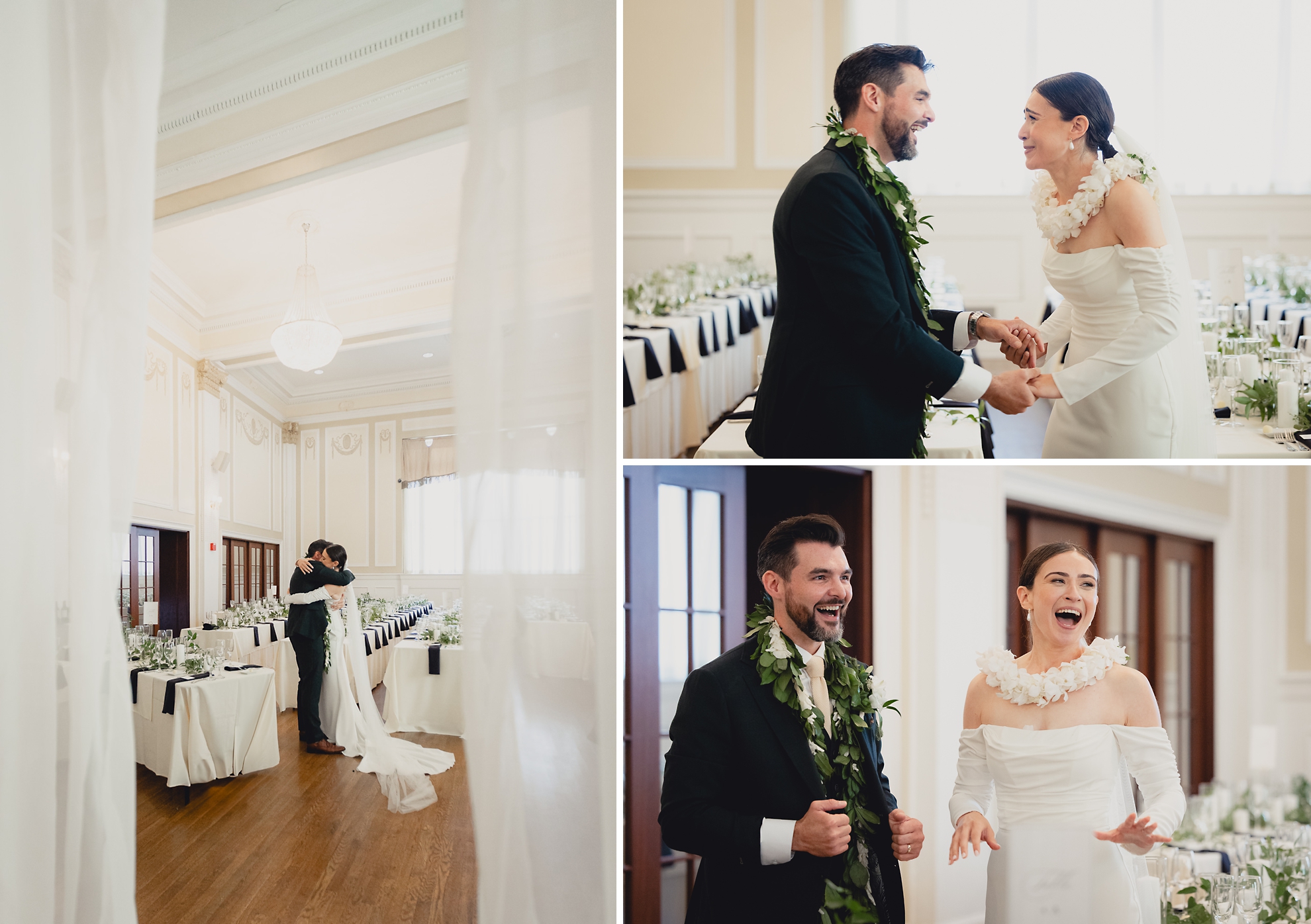 bride and groom embrace behind curtain after wedding ceremony at the Hotel Lafayette