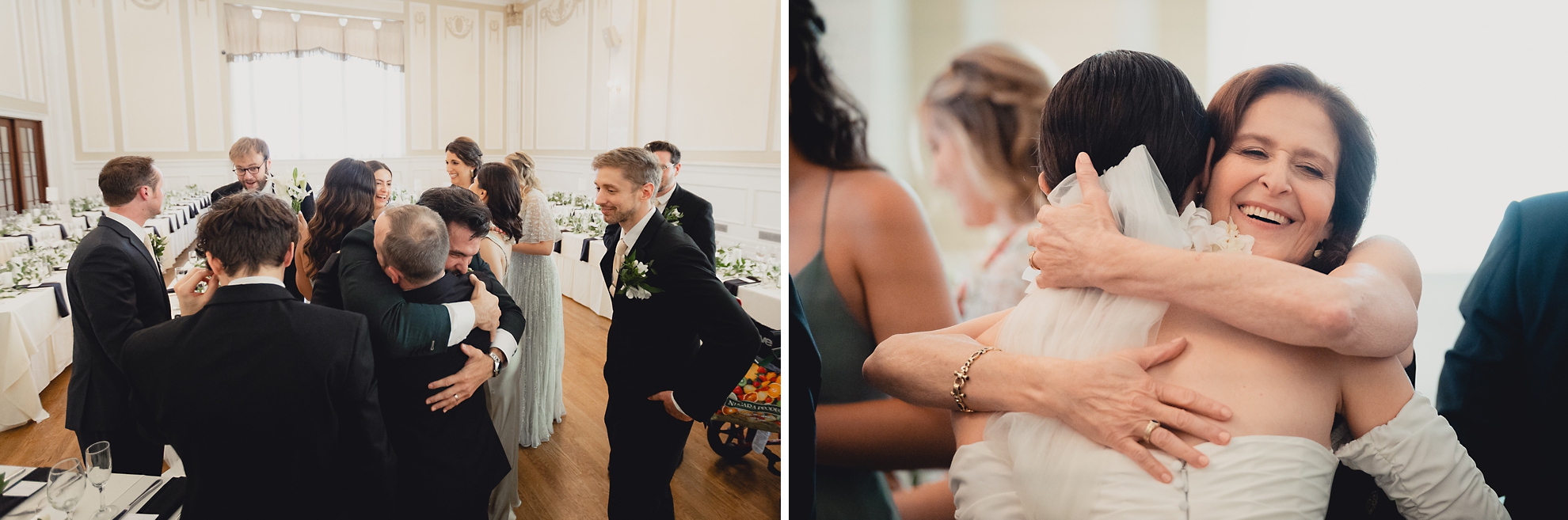 families hug after wedding ceremony
