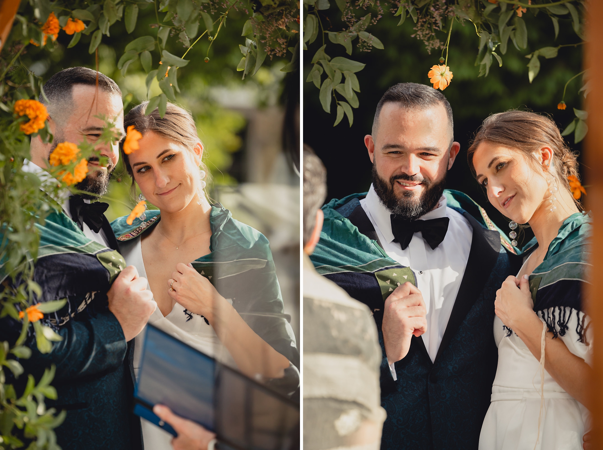 Bride and groom are wrapped with tallit during Jewish wedding ceremony in Buffalo