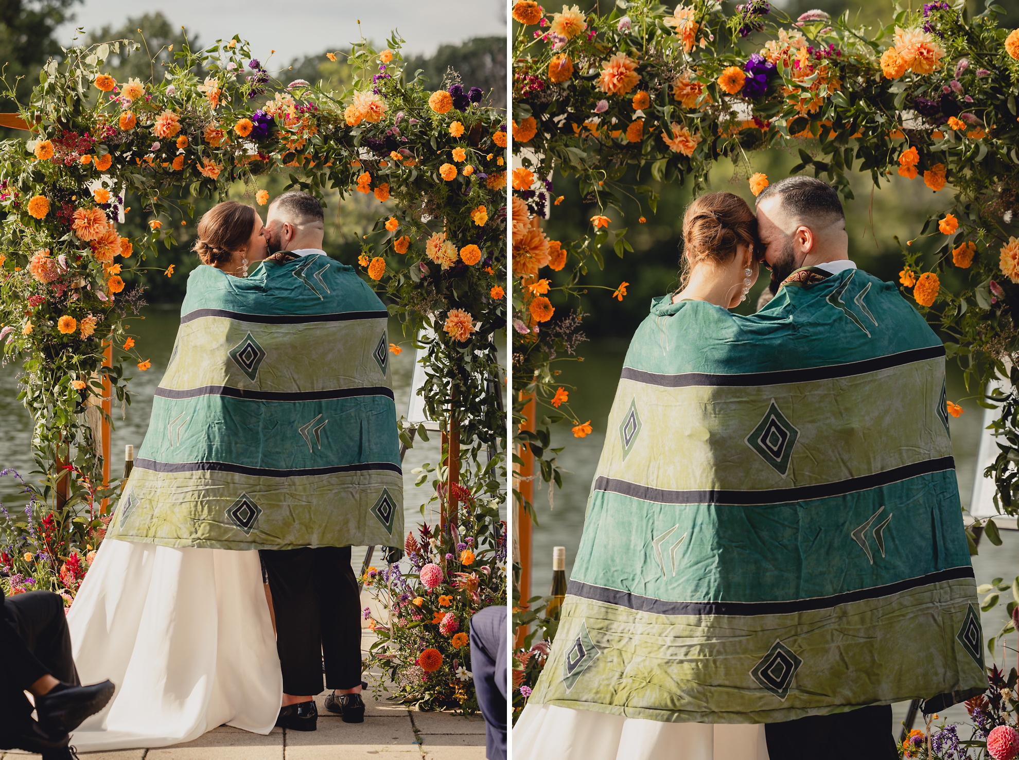 Bride and groom are wrapped with tallit during Jewish wedding ceremony in Buffalo