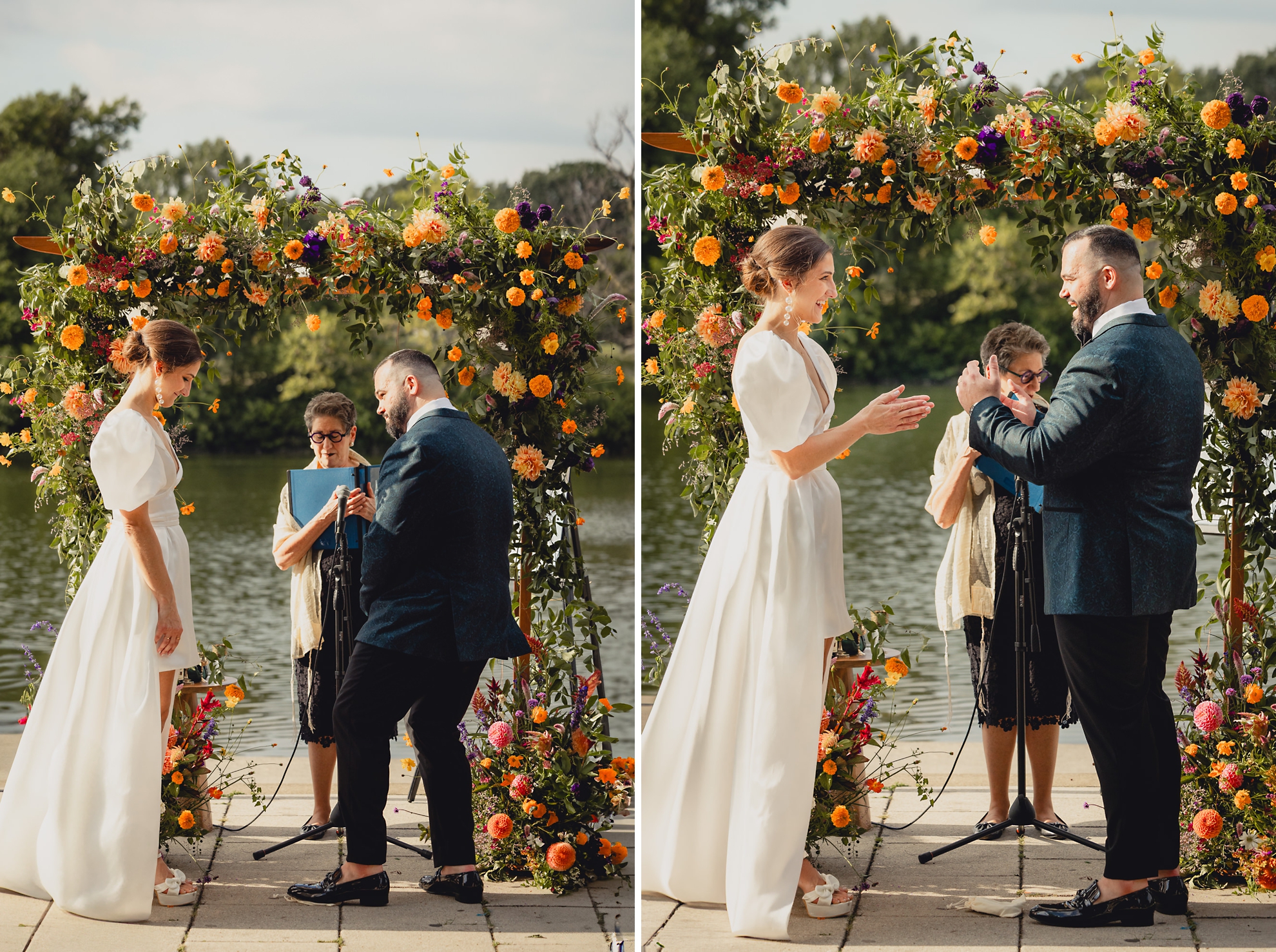 groom stomps on glass during Jewish wedding ceremony in front of floral chuppah 