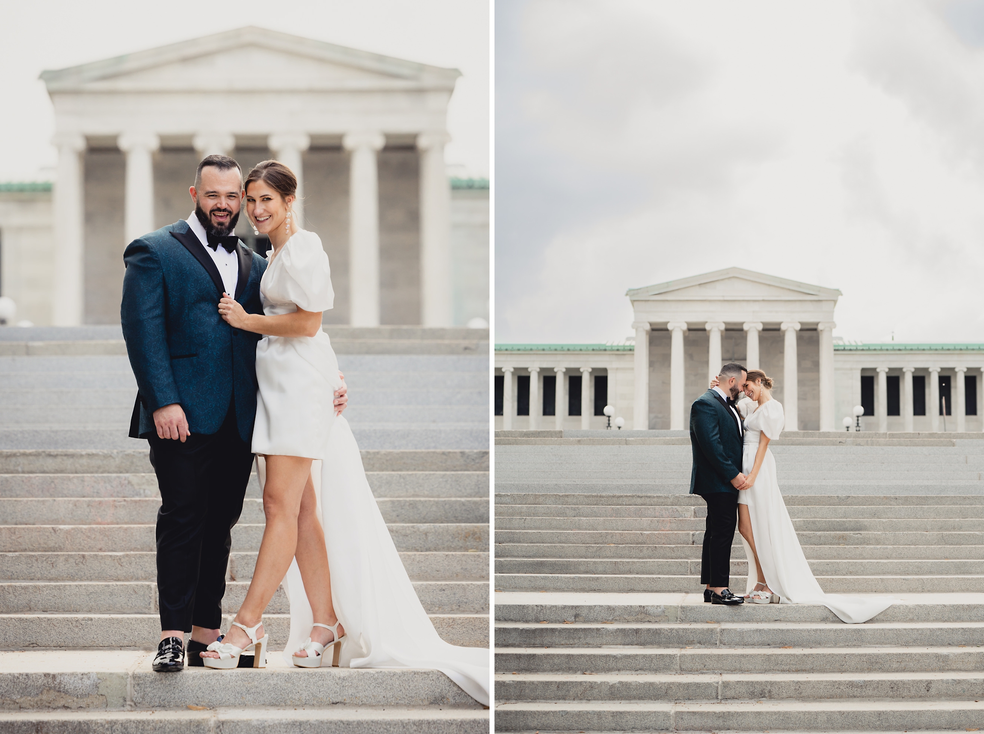 bride and groom pose for wedding portraits in front of AKG in Buffalo, NY