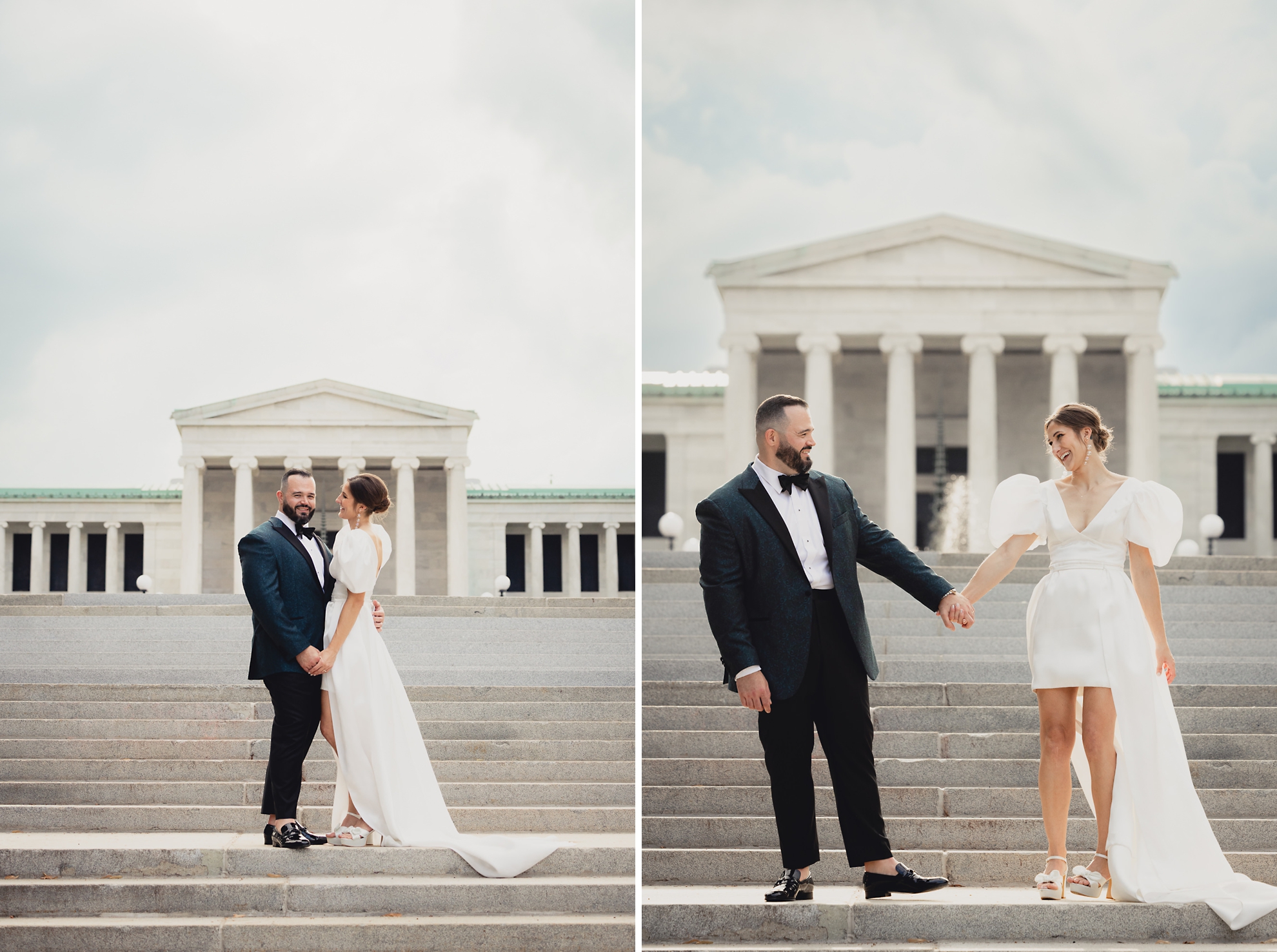 bride and groom pose for wedding portraits in front of AKG in Buffalo, NY