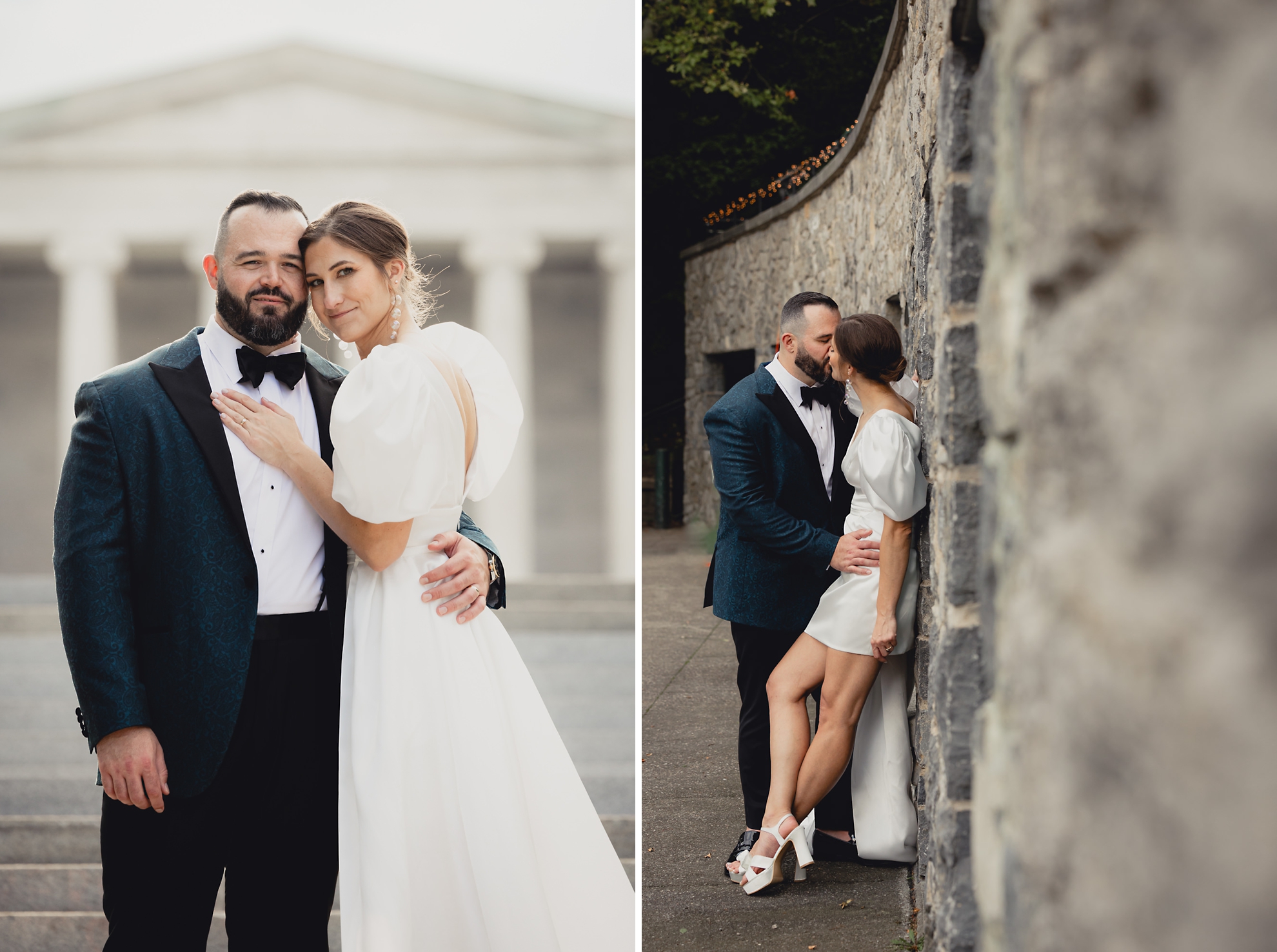 bride and groom pose for wedding portrait along stone wall next to the Terrace at Marcy Casino