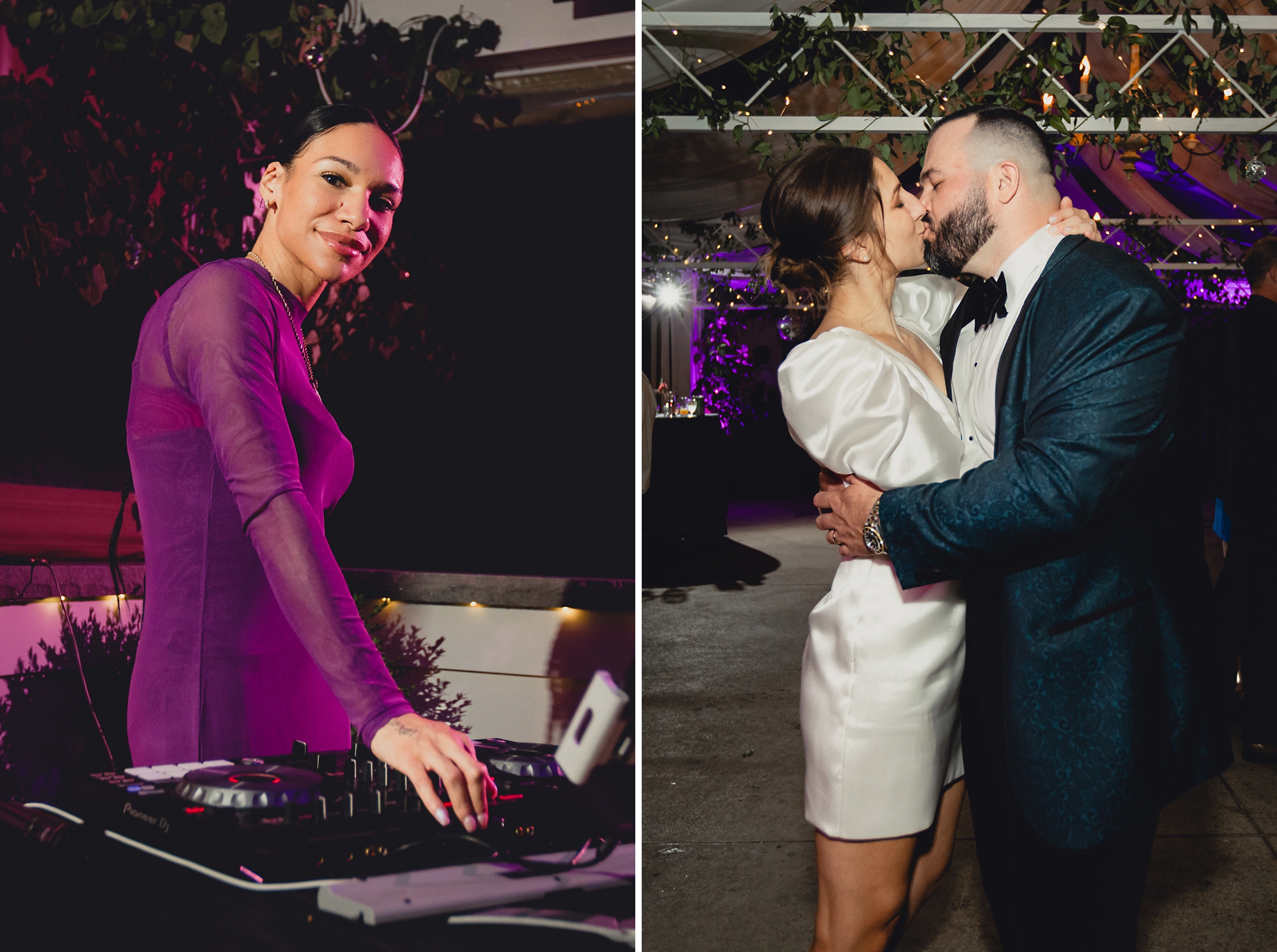 dj Yama poses behind table at wedding in Buffalo, NY
