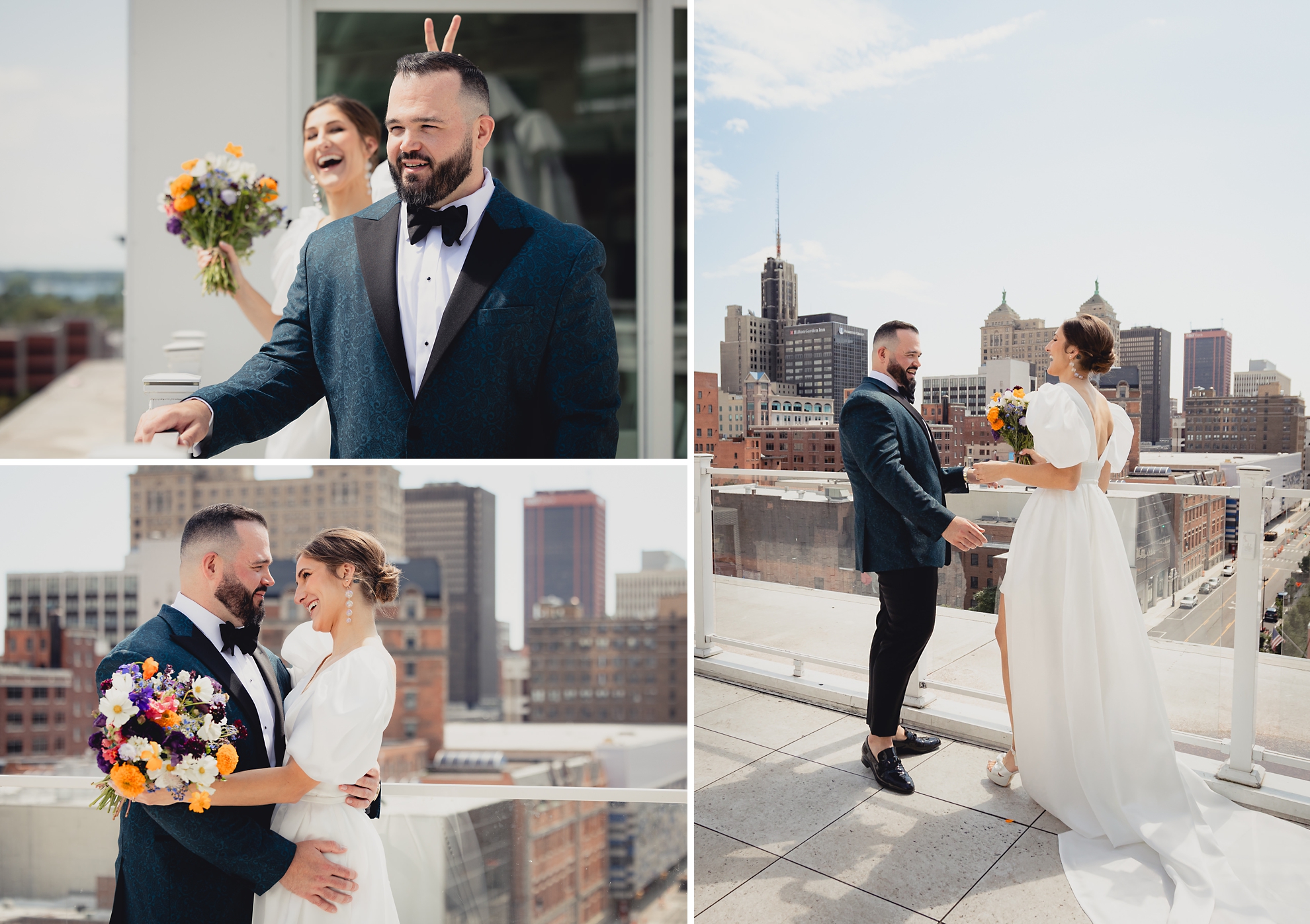 bride and groom have first look before wedding at Vue on the roof of the Curtiss Hotel in Buffalo, NY