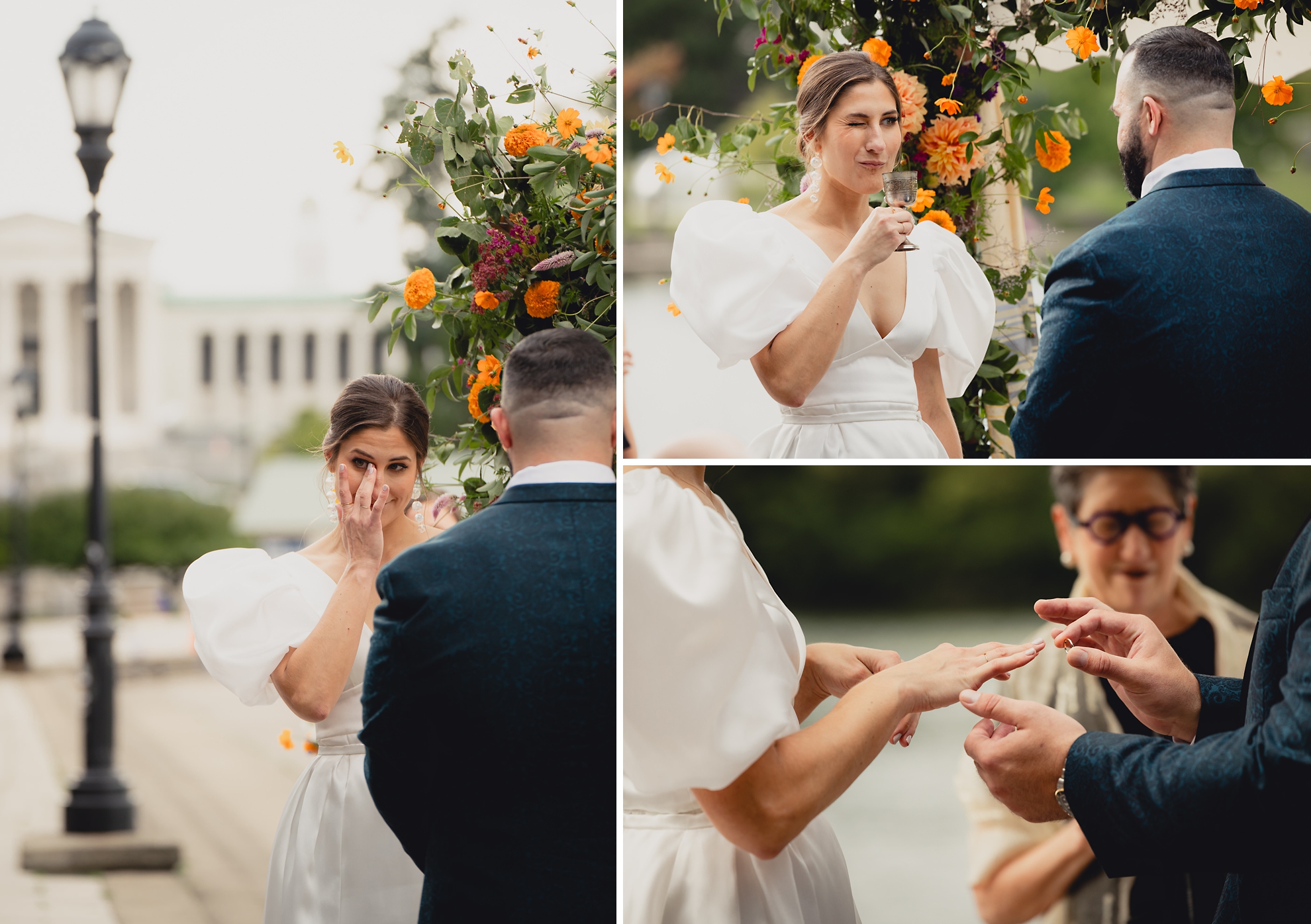 bride wipes tear and wings at groom during wedding ceremony at the Terrace at Marcy Casino in Buffalo, NY